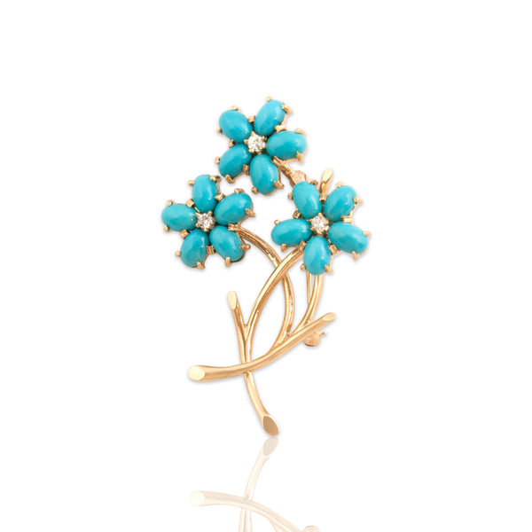Vintage 14k Yellow Gold 14.04cttw Turquoise Diamond Blooming Floral Cluster Brooch / Pin - Close-up view