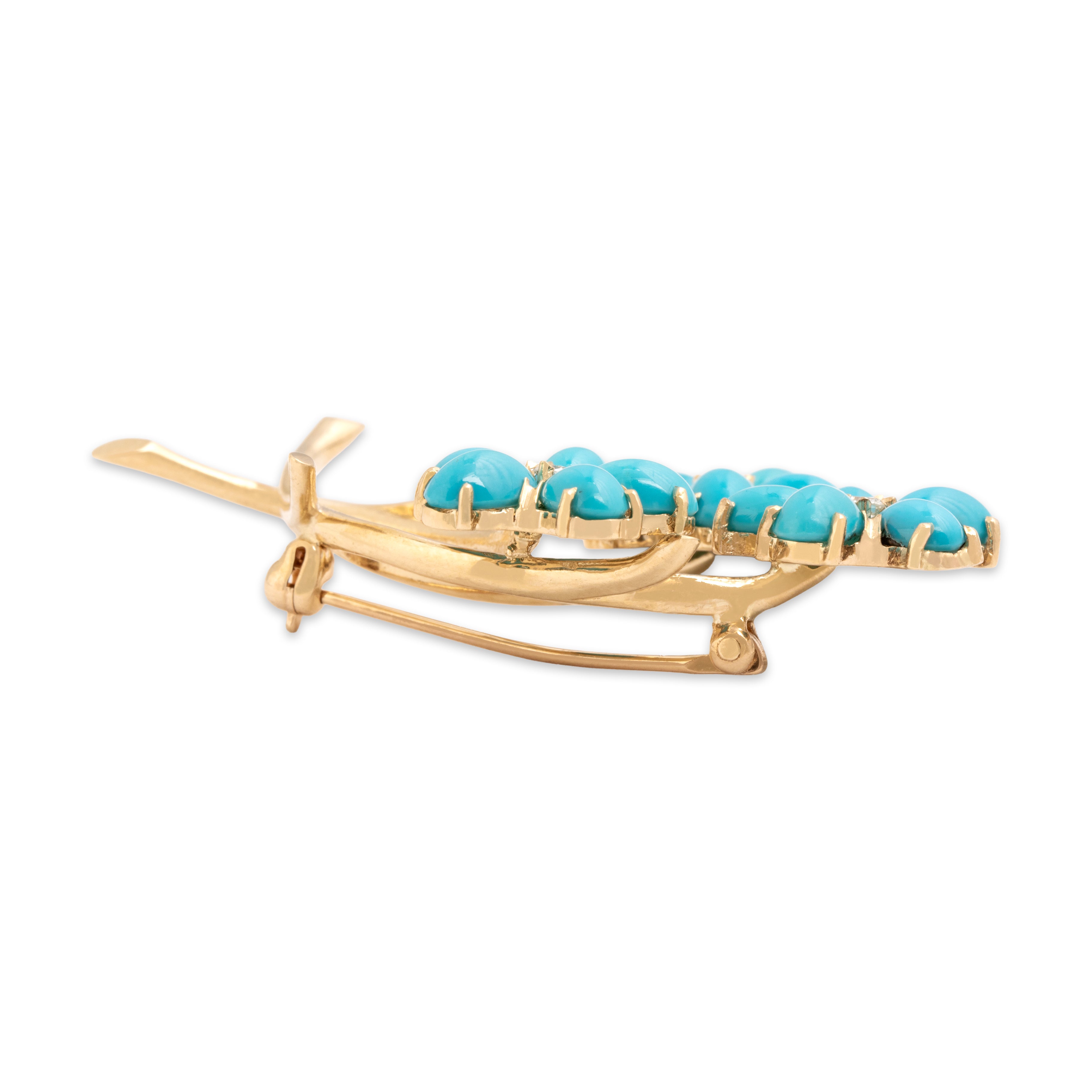 Vintage 14k Yellow Gold 14.04cttw Turquoise Diamond Blooming Floral Cluster Brooch / Pin - Side view