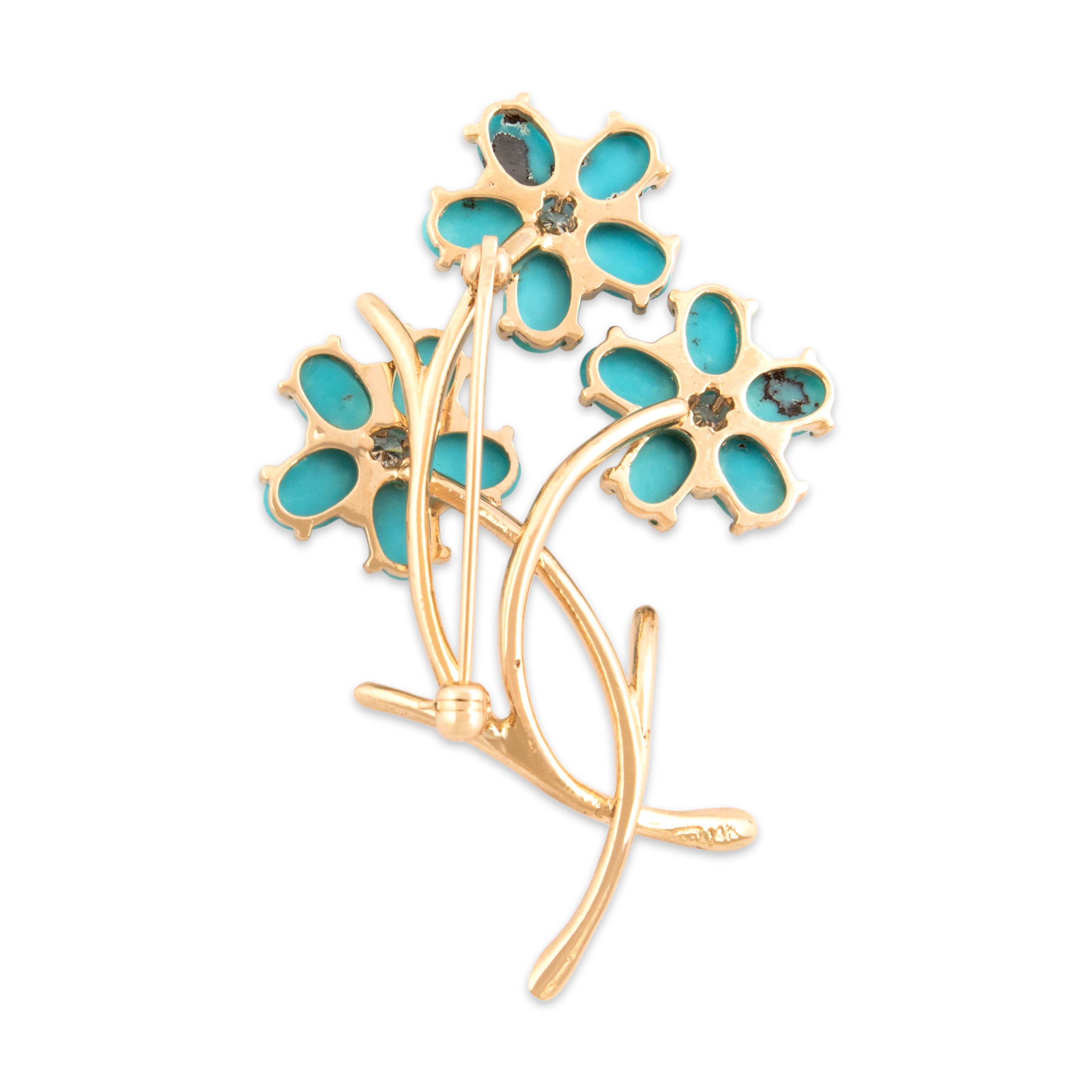 Vintage 14k Yellow Gold 14.04cttw Turquoise Diamond Blooming Floral Cluster Brooch / Pin - Back view