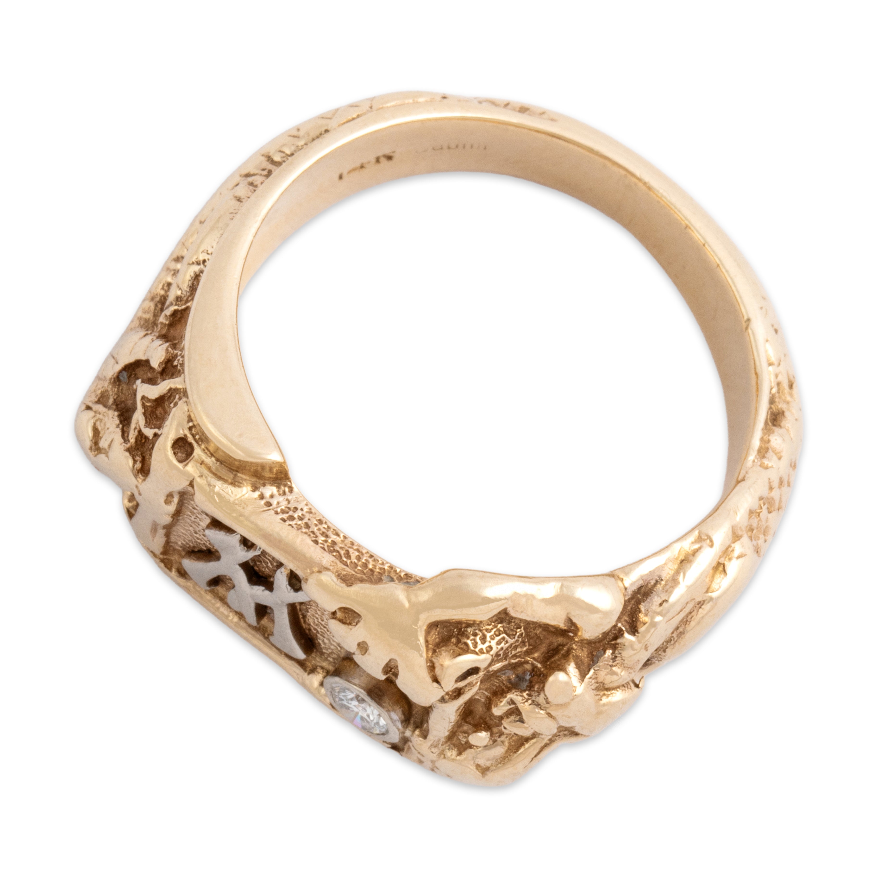Vintage Heavy 14k Yellow & White Gold Diamond Fantastic Figural Snake And Dragon Initial Signet Ring - Overall view