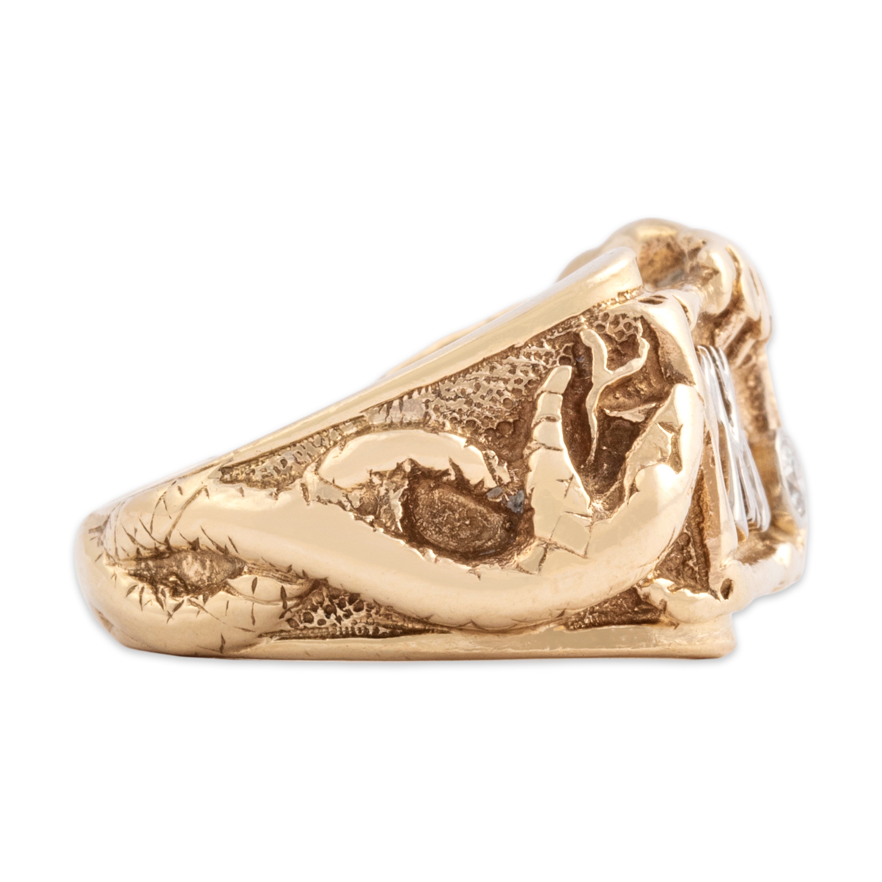 Vintage Heavy 14k Yellow & White Gold Diamond Fantastic Figural Snake And Dragon Initial Signet Ring - Side view
