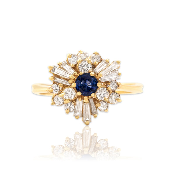 Vintage 14k Yellow Gold .65cttw Diamond Blue Sapphire Starburst Cluster Ring 9.00