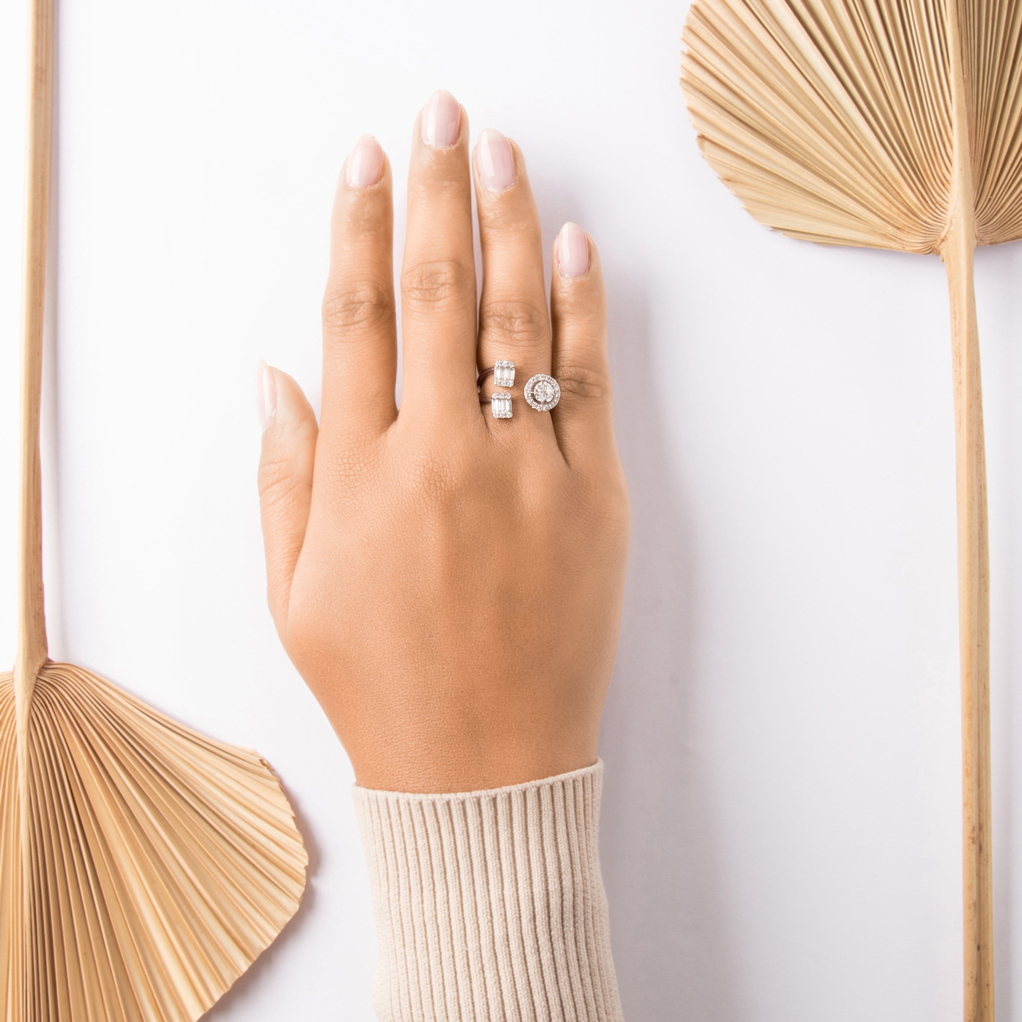 Estate 14k White Gold .62cttw Diamond Asymmetric Baguette Round Halo Wrap Ring - On model view
