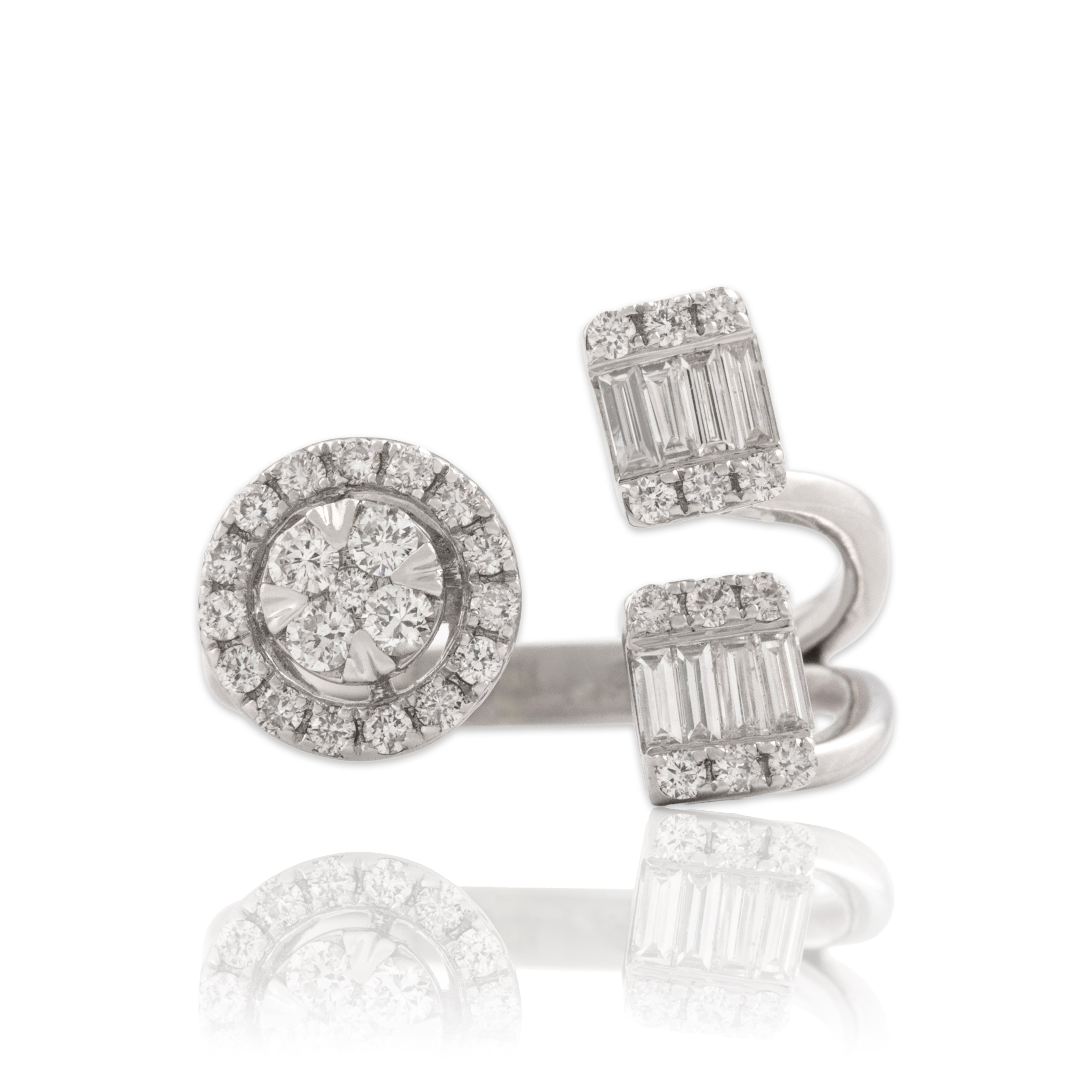 Estate 14k White Gold .62cttw Diamond Asymmetric Baguette Round Halo Wrap Ring - Close-up view