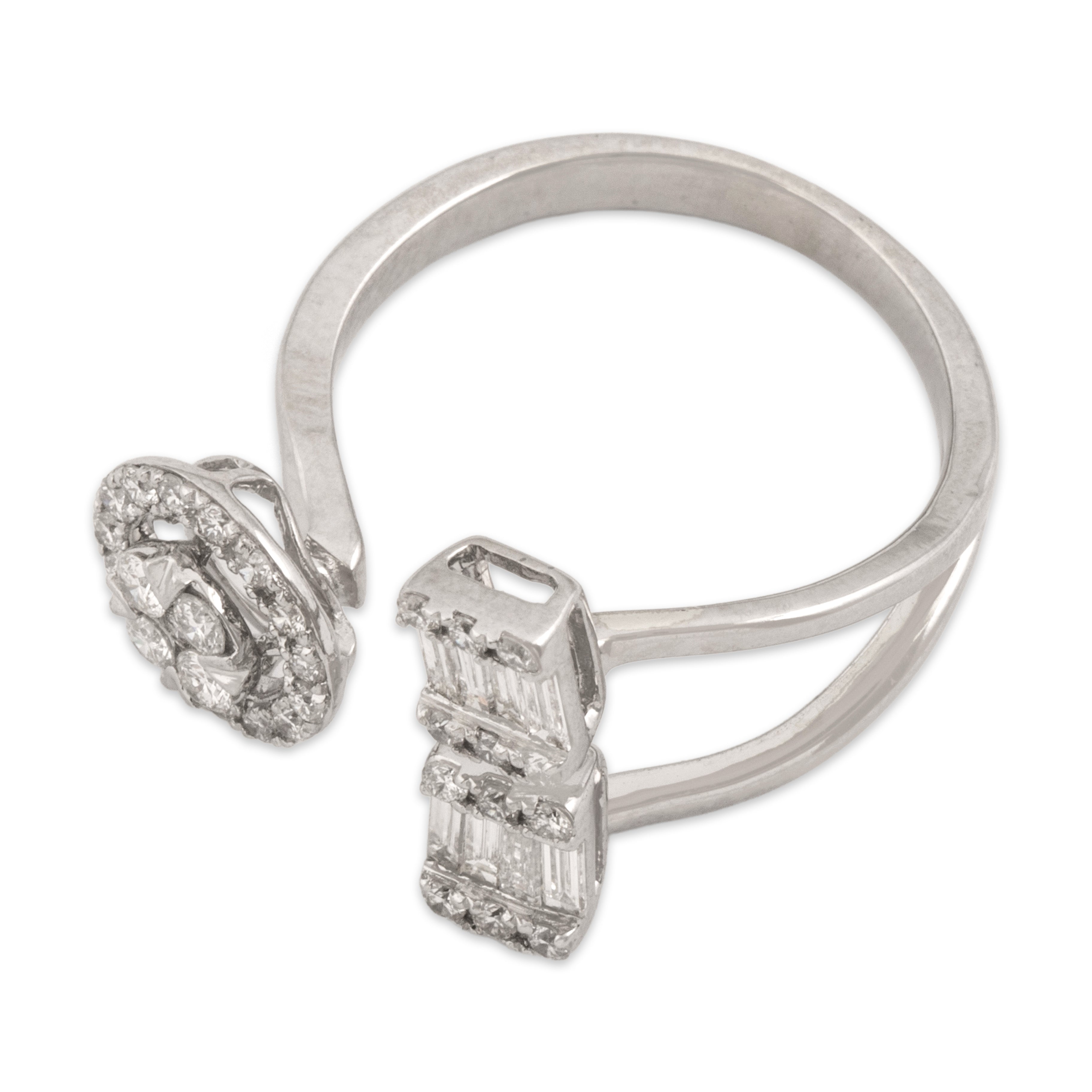 Estate 14k White Gold .62cttw Diamond Asymmetric Baguette Round Halo Wrap Ring - Overall view