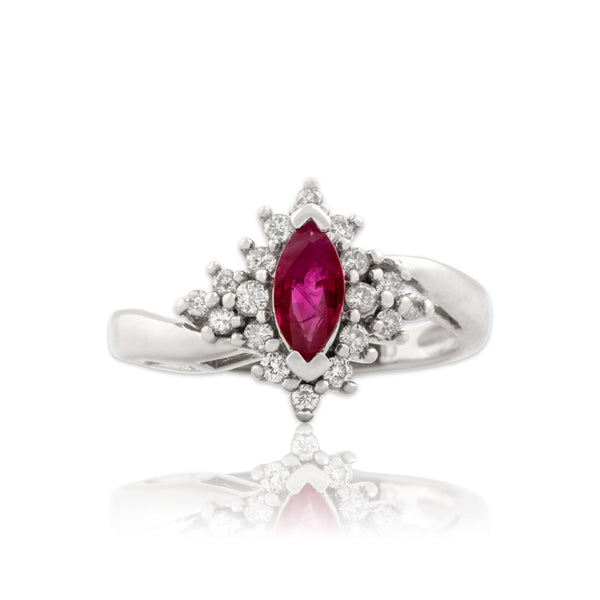 Vintage 14k White Gold Ruby Diamond Dazzling Starburst Marquise Bypass Ring 5.00
