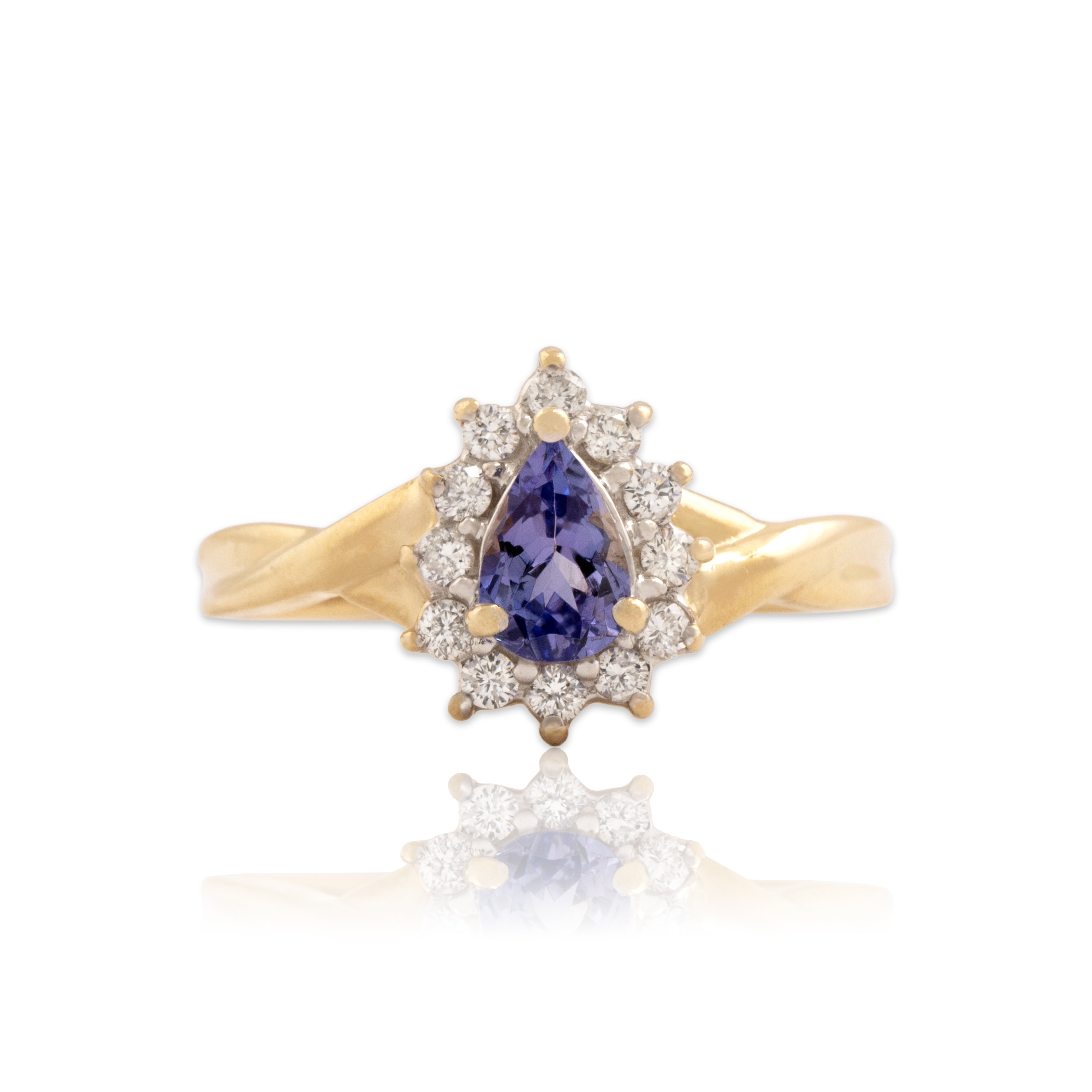 Vintage 14k Yellow Gold Tanzanite Diamond Twist Shoulder Pear Halo Ring - Close-up view
