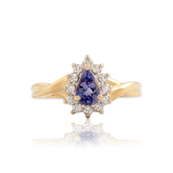 Vintage 14k Yellow Gold Tanzanite Diamond Twist Shoulder Pear Halo Ring 7.25