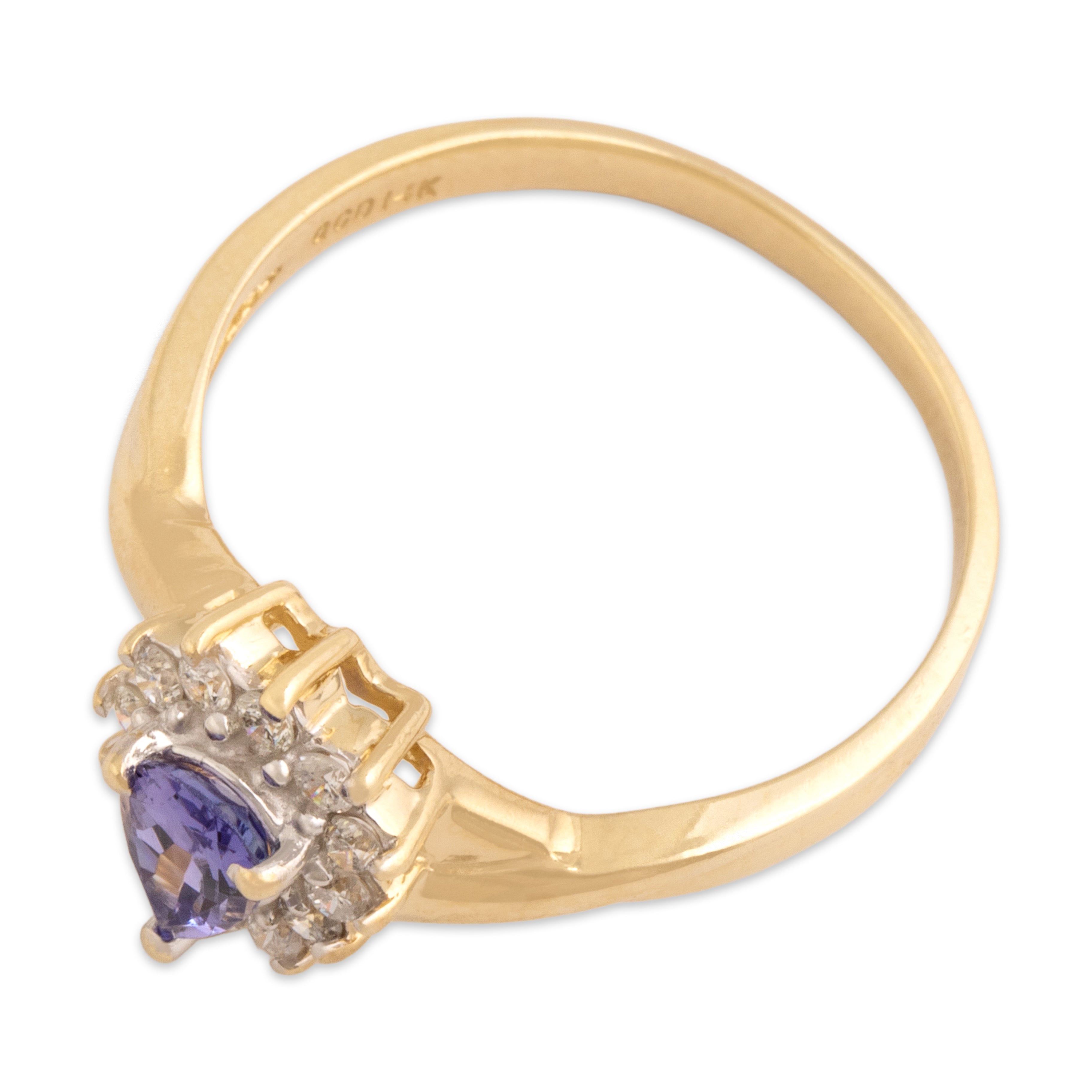 Vintage 14k Yellow Gold Tanzanite Diamond Twist Shoulder Pear Halo Ring - Overall view