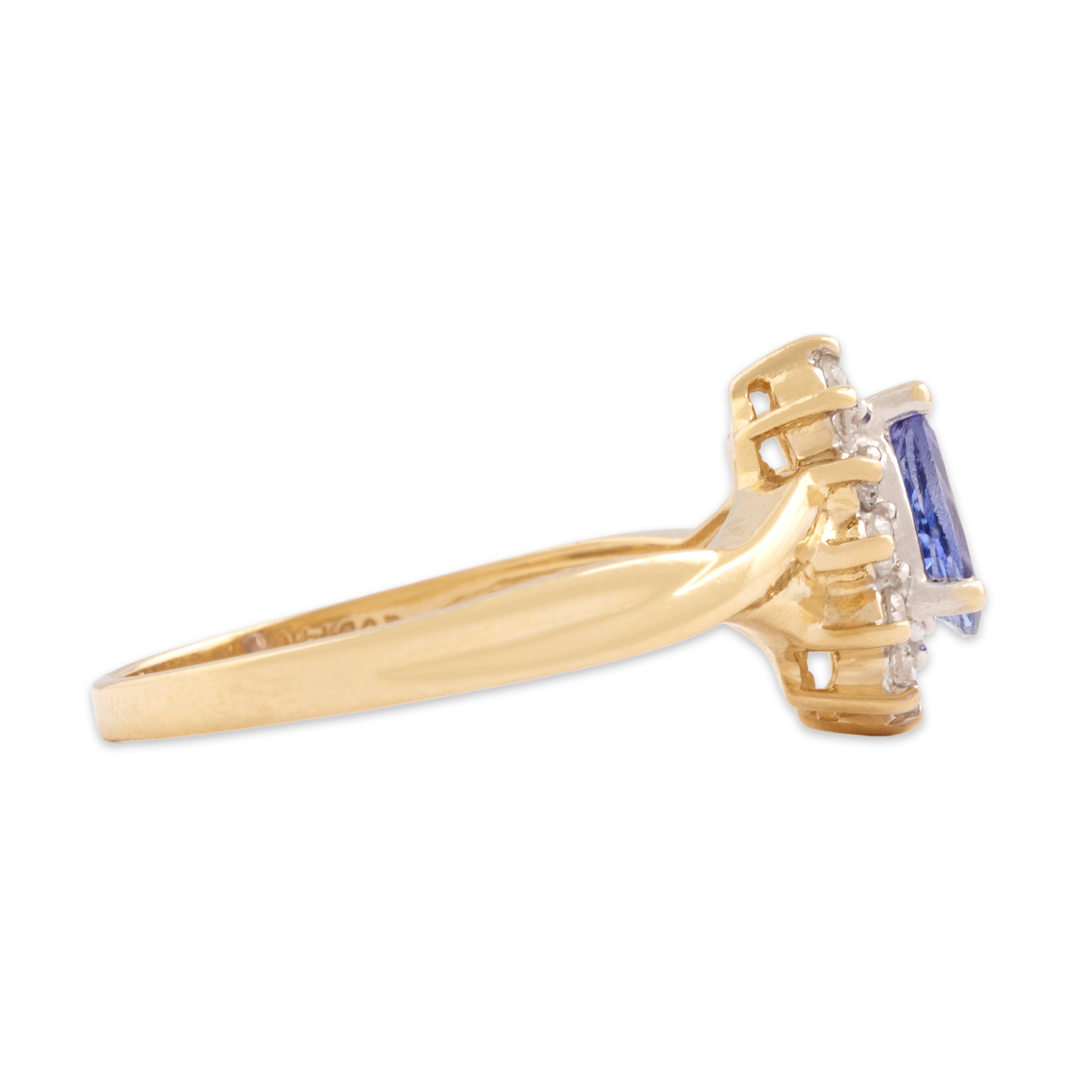 Vintage 14k Yellow Gold Tanzanite Diamond Twist Shoulder Pear Halo Ring - Side view