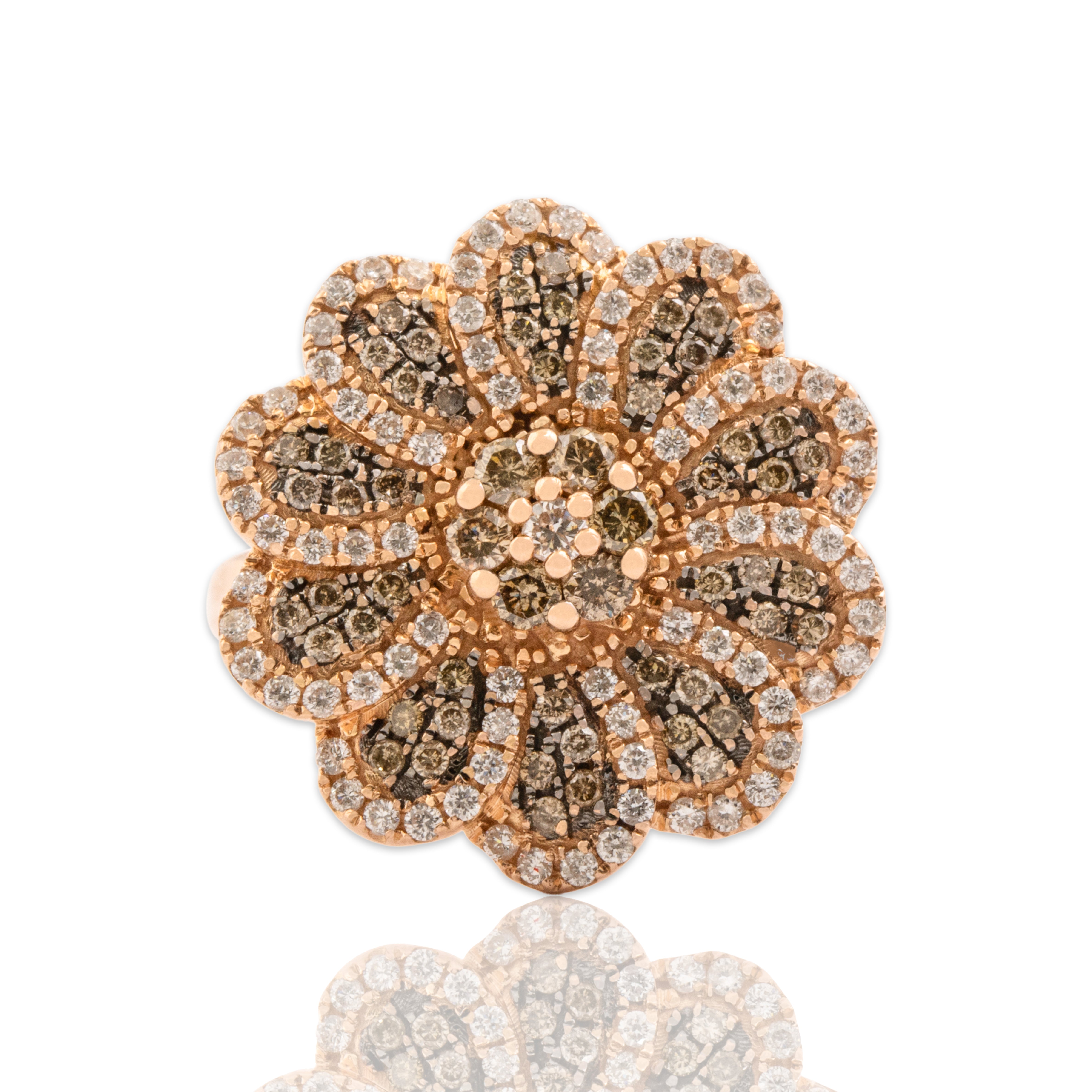 Estate 14k Rose Gold Champagne & White Diamond Swirling Floral Cocktail Ring 7.50