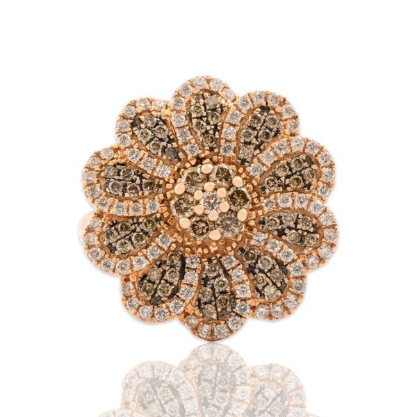 Estate 14k Rose Gold Champagne & White Diamond Swirling Floral Cocktail Ring 7.50