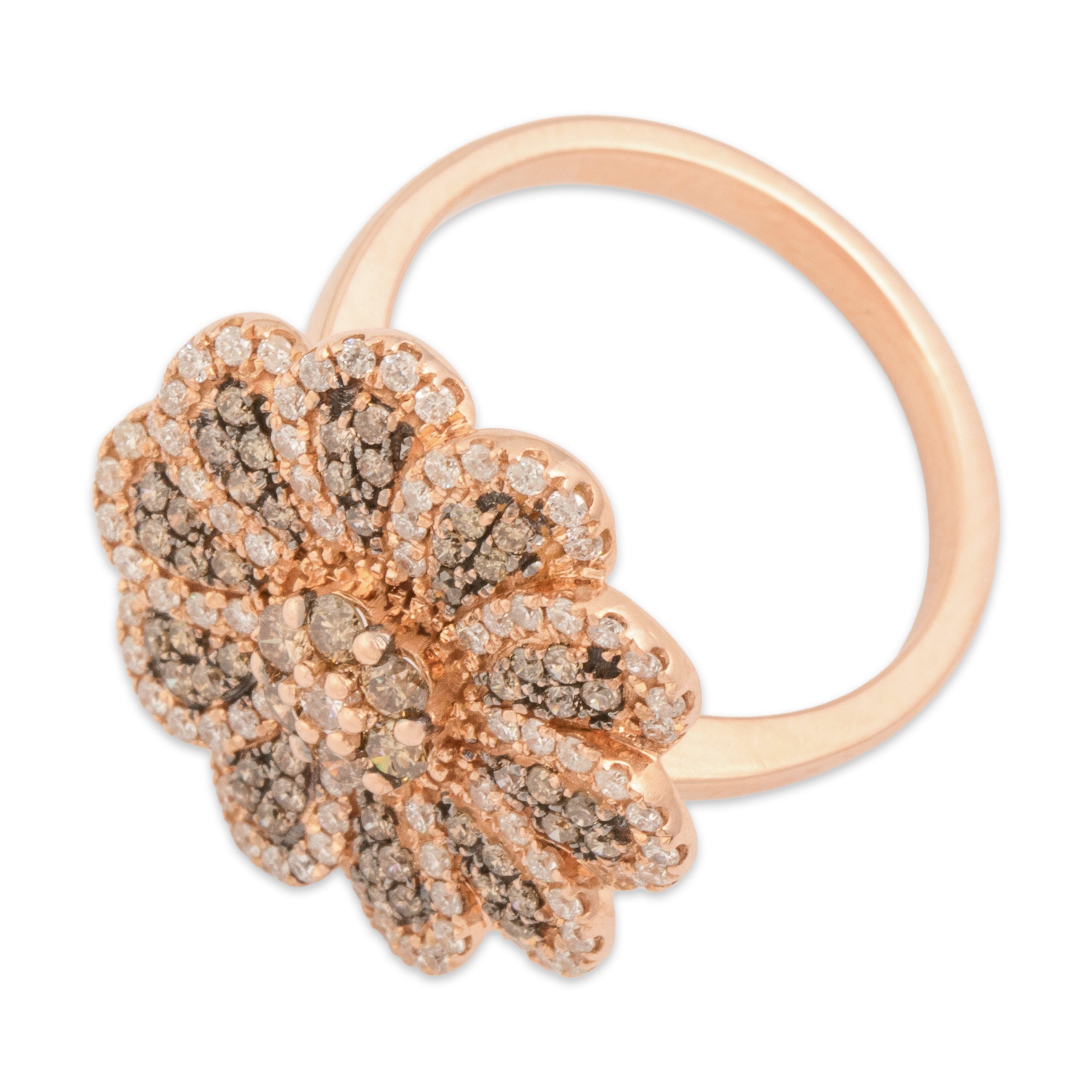 Estate 14k Rose Gold Champagne & White Diamond Swirling Floral Cocktail Ring 7.50