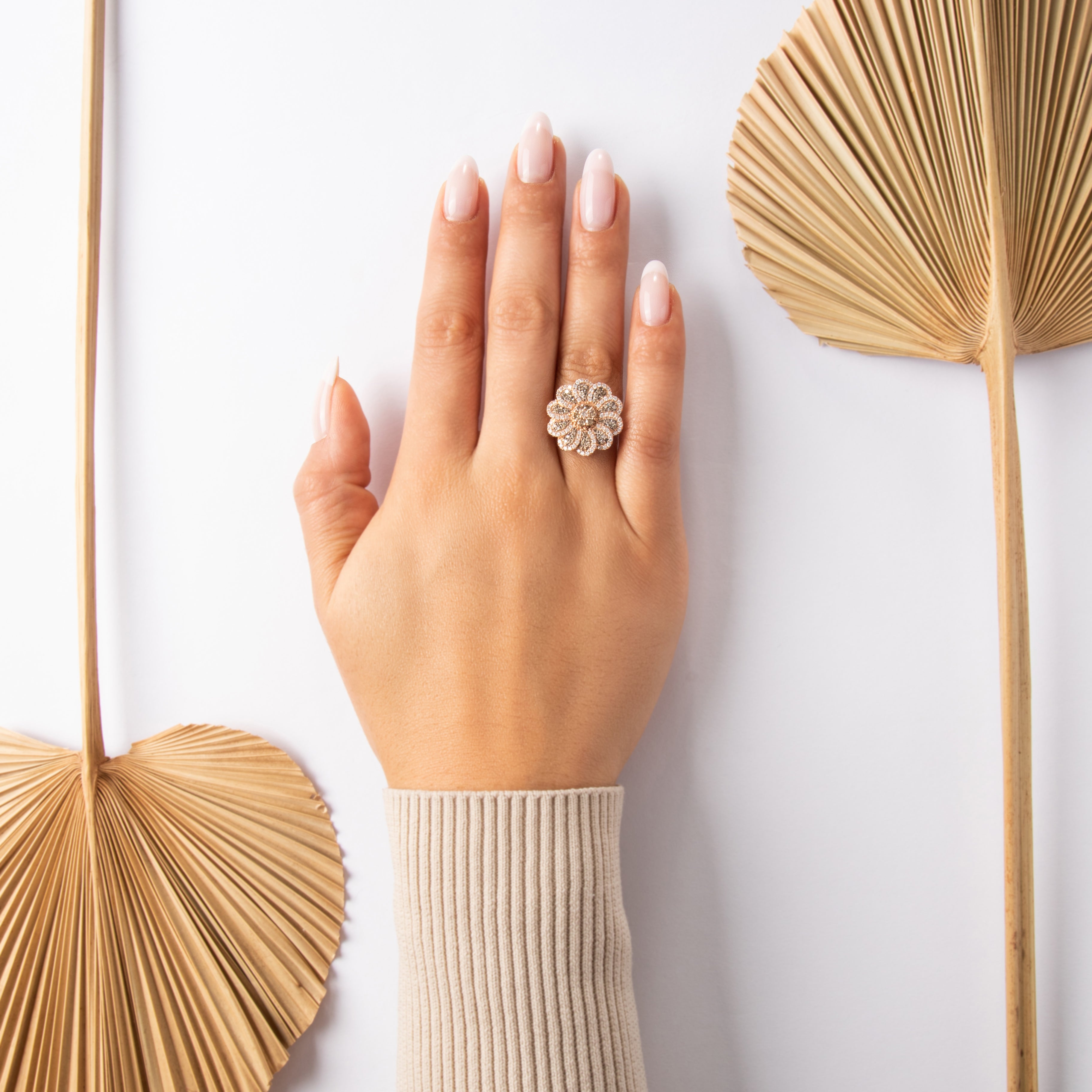 Estate 14k Rose Gold Champagne Diamond White Diamond Brilliant Swirling Floral Cocktail Ring - On model view