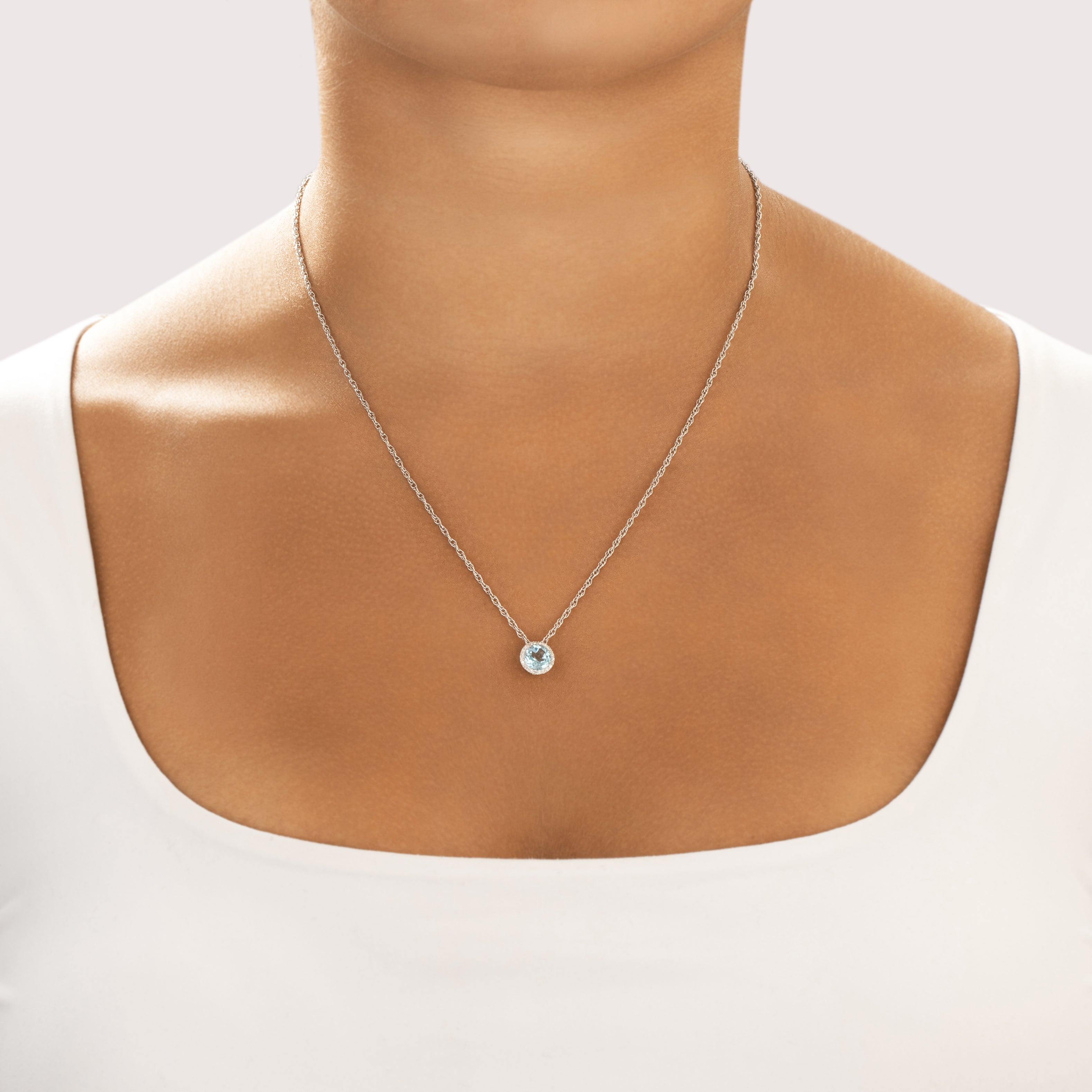 Estate 14k White Gold 1.3ct Light Blue Topaz Diamond Vibrant Icy Halo Slide Pendant - On model view
