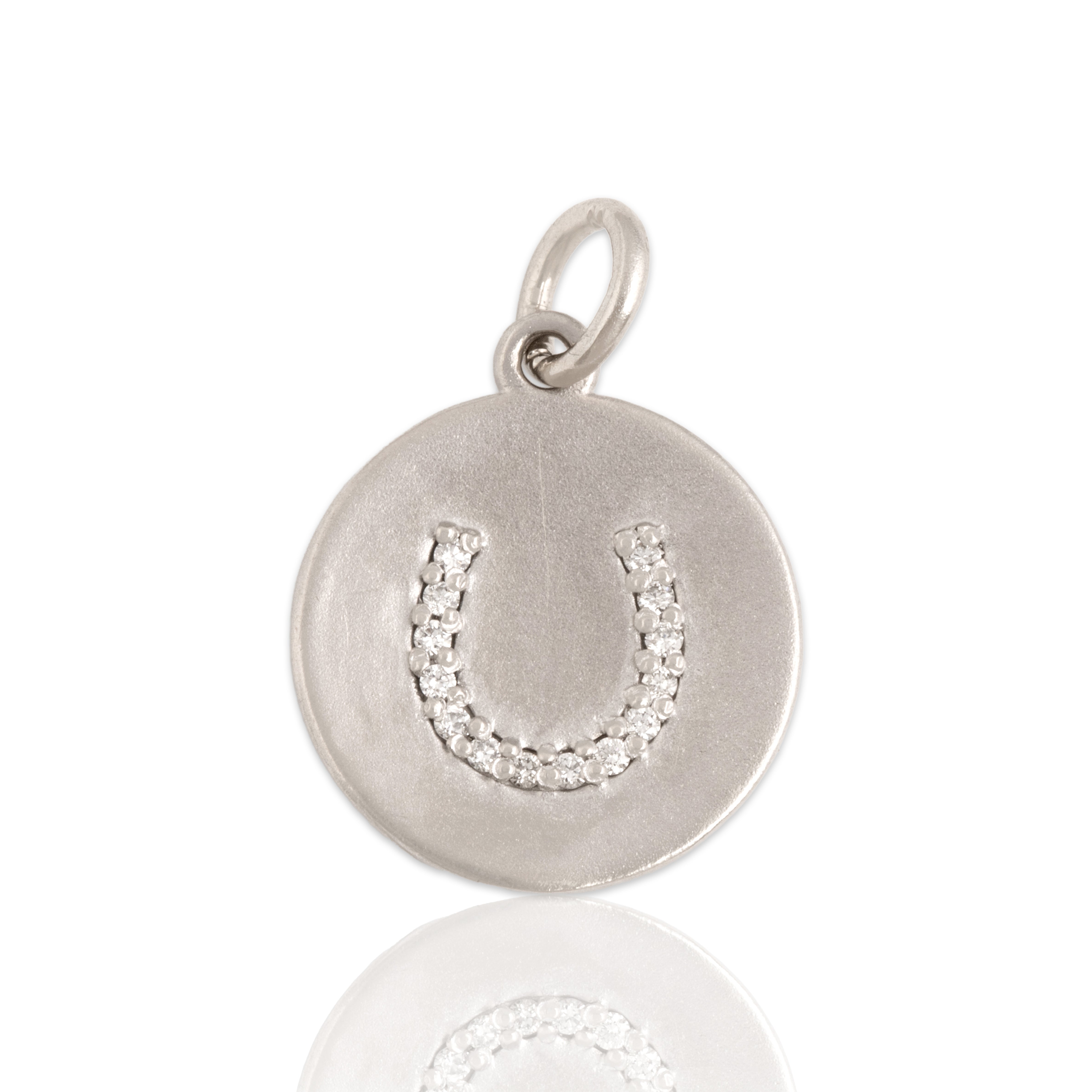 Vintage Small 14k White Gold Diamond Lucky Horseshoe Charm / Pendant - Close-up view