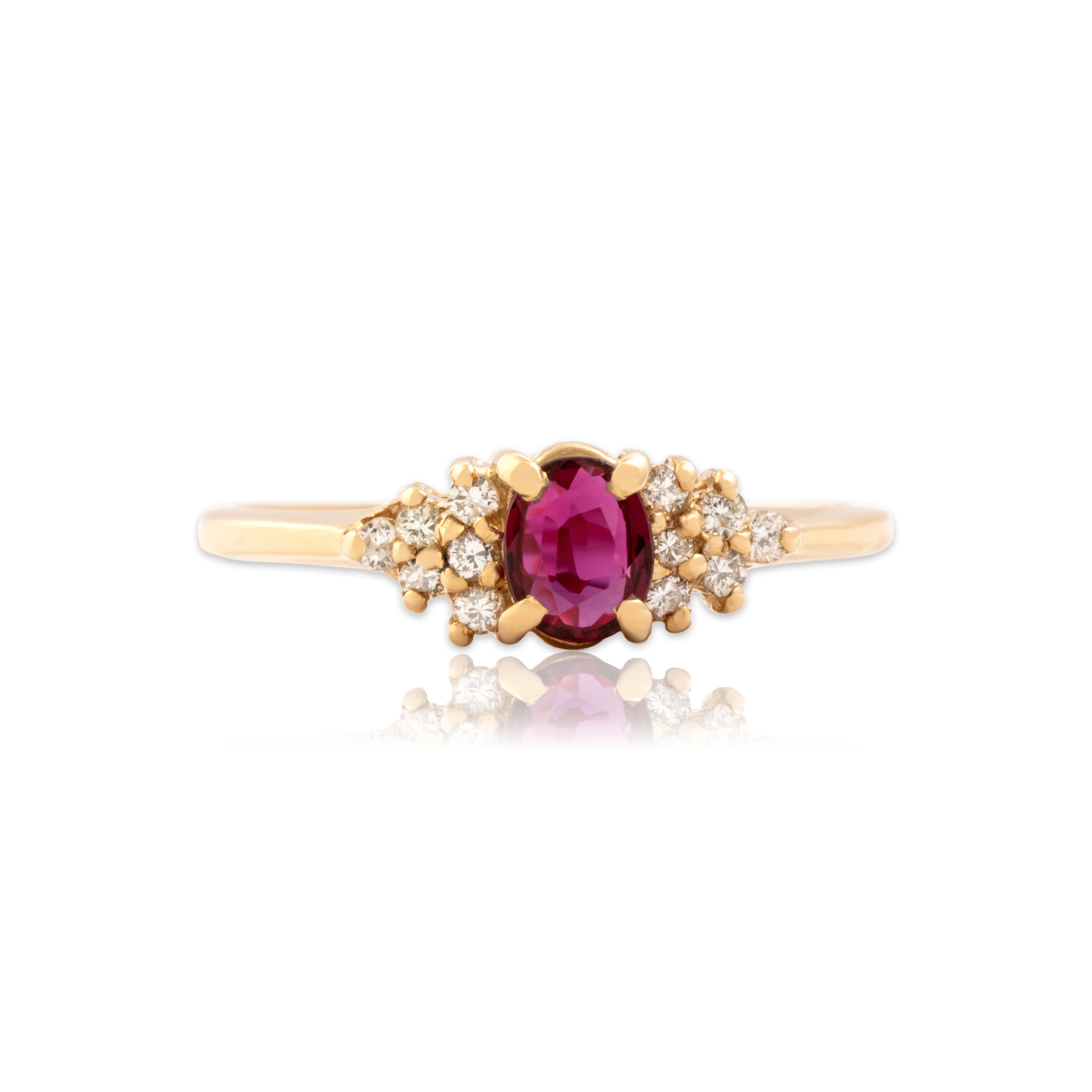 Vintage 14k Yellow Gold Ruby Diamond Directional Glittering Shoulder Ring - Close-up view