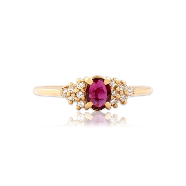 Vintage 14k Yellow Gold Ruby Diamond Directional Glittering Shoulder Ring 6.50