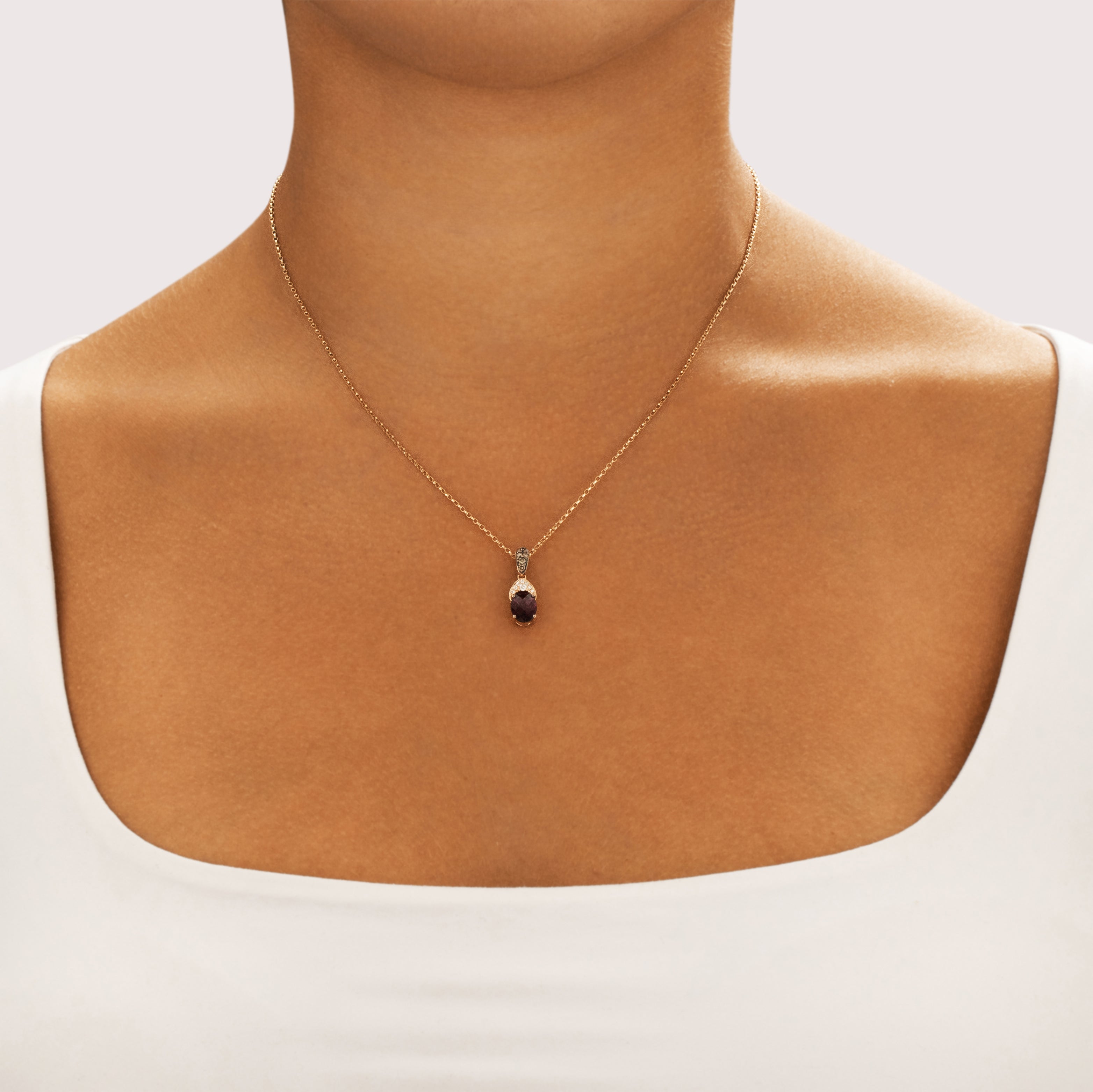 Estate 14k Rose Gold 1.43ct Berry Garnet White Diamond Chocolate Diamond Pavã© Accented Checkerboard Oval Pendant - On model view