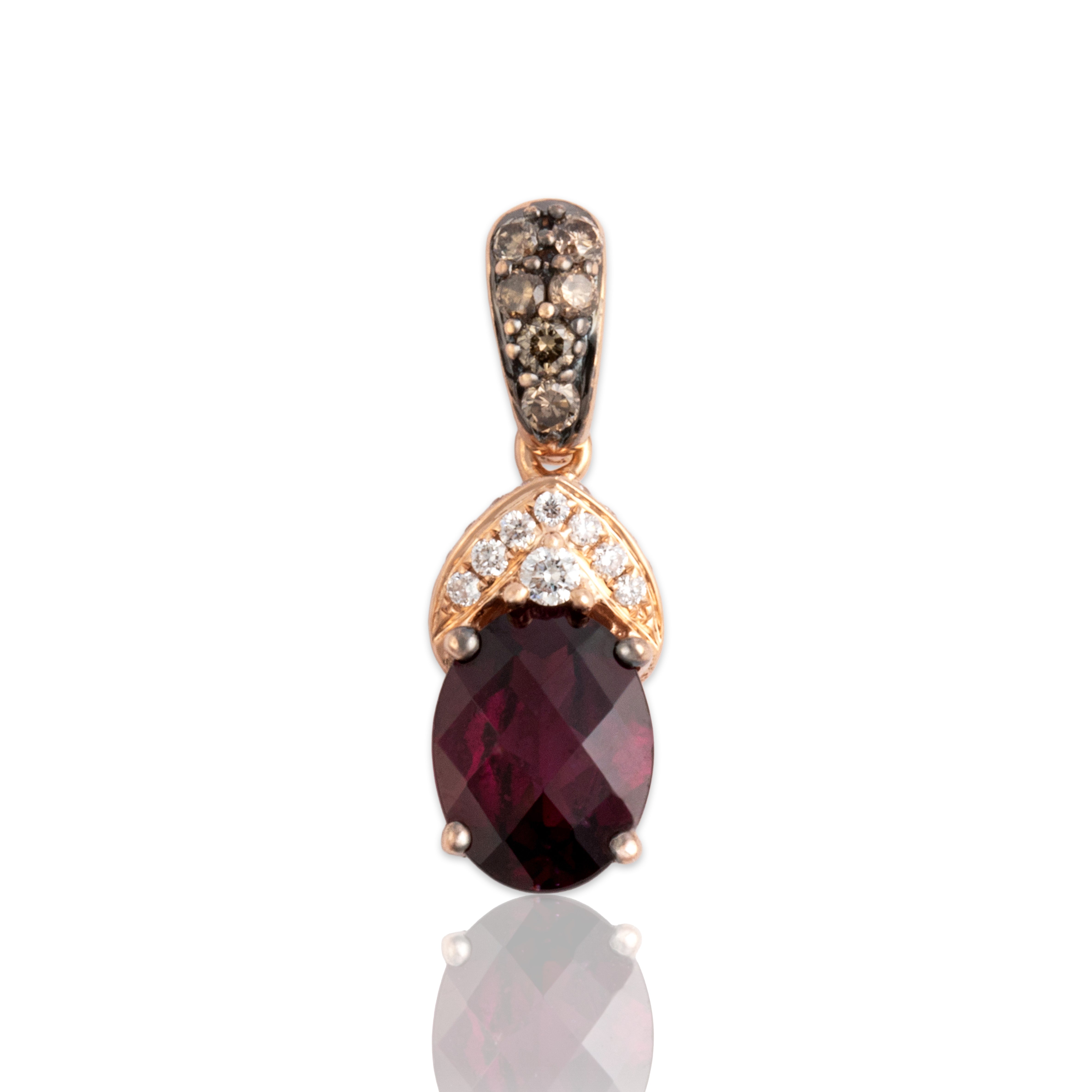 Estate 14k Rose Gold 1.43ct Berry Garnet White Diamond Chocolate Diamond Pavã© Accented Checkerboard Oval Pendant - Close-up view