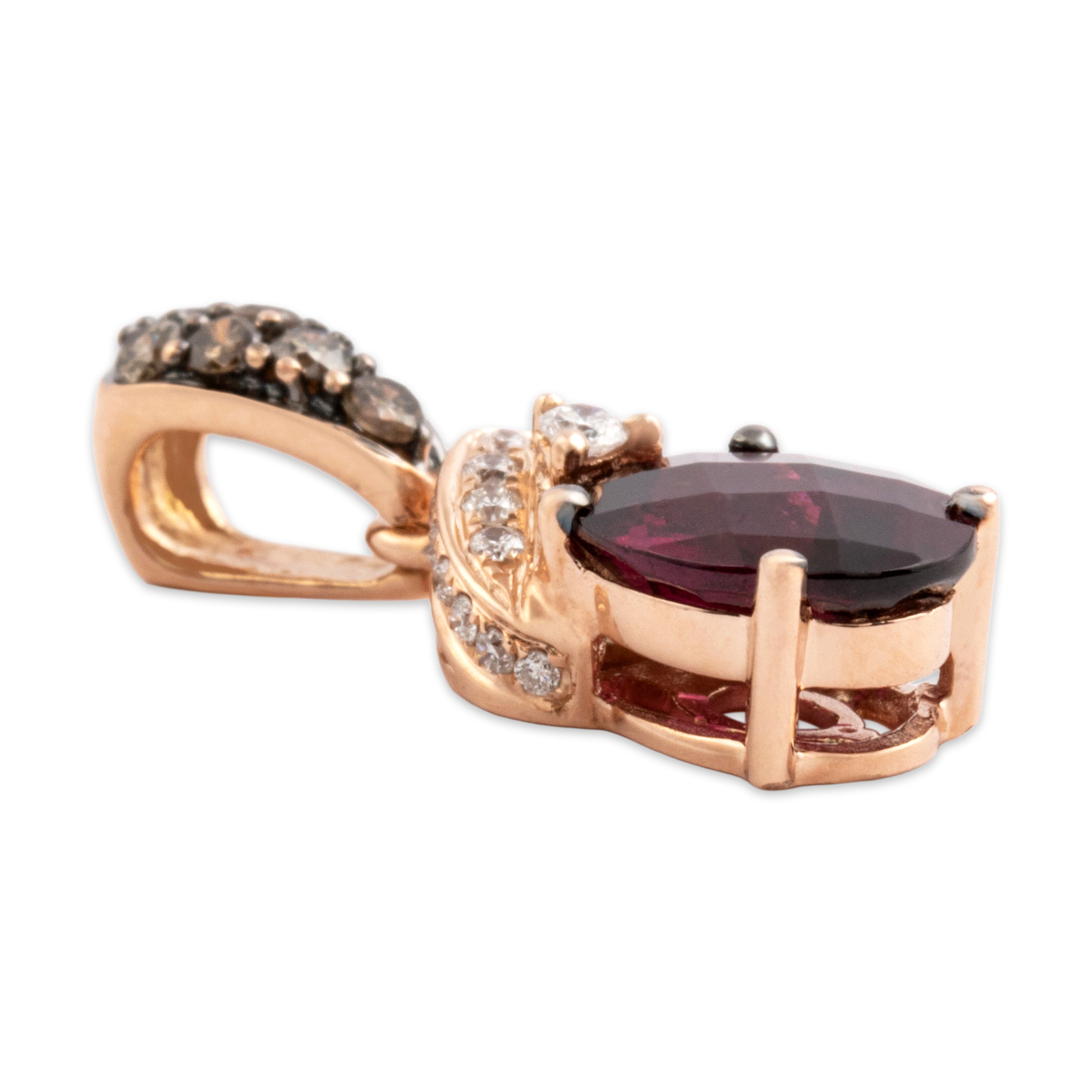 Estate 14k Rose Gold 1.43ct Berry Garnet White Diamond Chocolate Diamond Pavã© Accented Checkerboard Oval Pendant - Side view