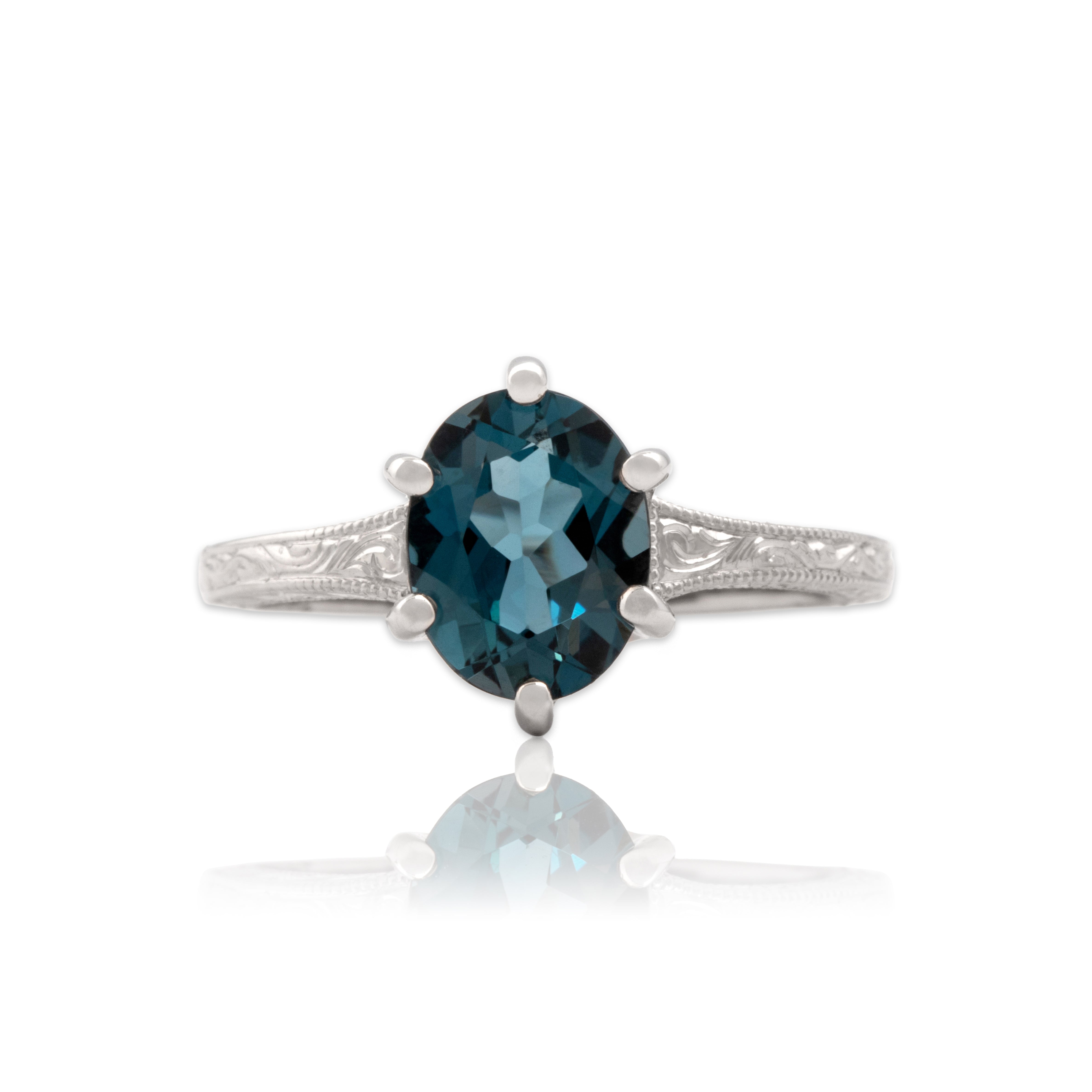 Estate 18k White Gold 1.97ct London Blue Topaz Oval Blossom Solitaire Ring - Close-up view