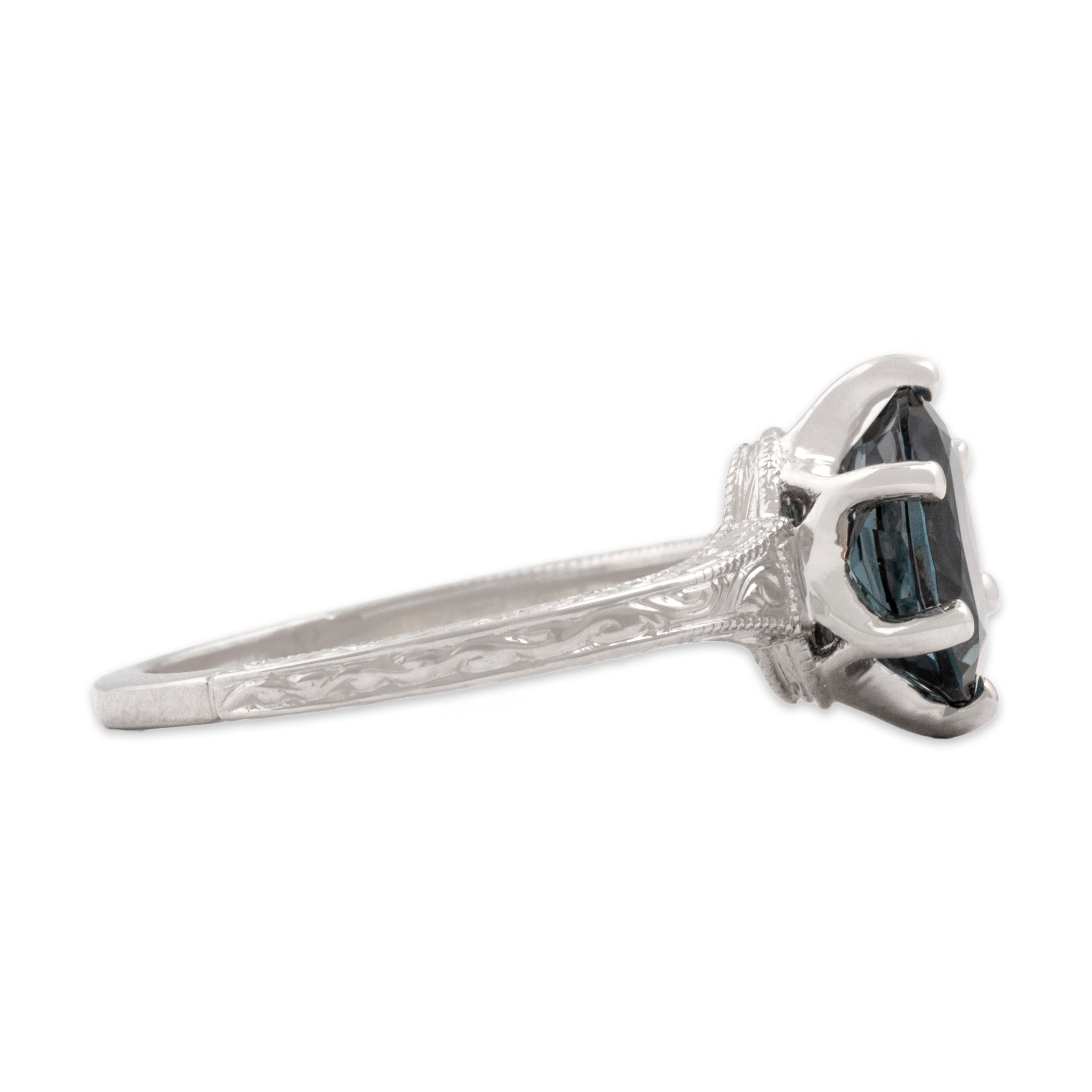 Estate 18k White Gold 1.97ct London Blue Topaz Oval Blossom Solitaire Ring - Side view