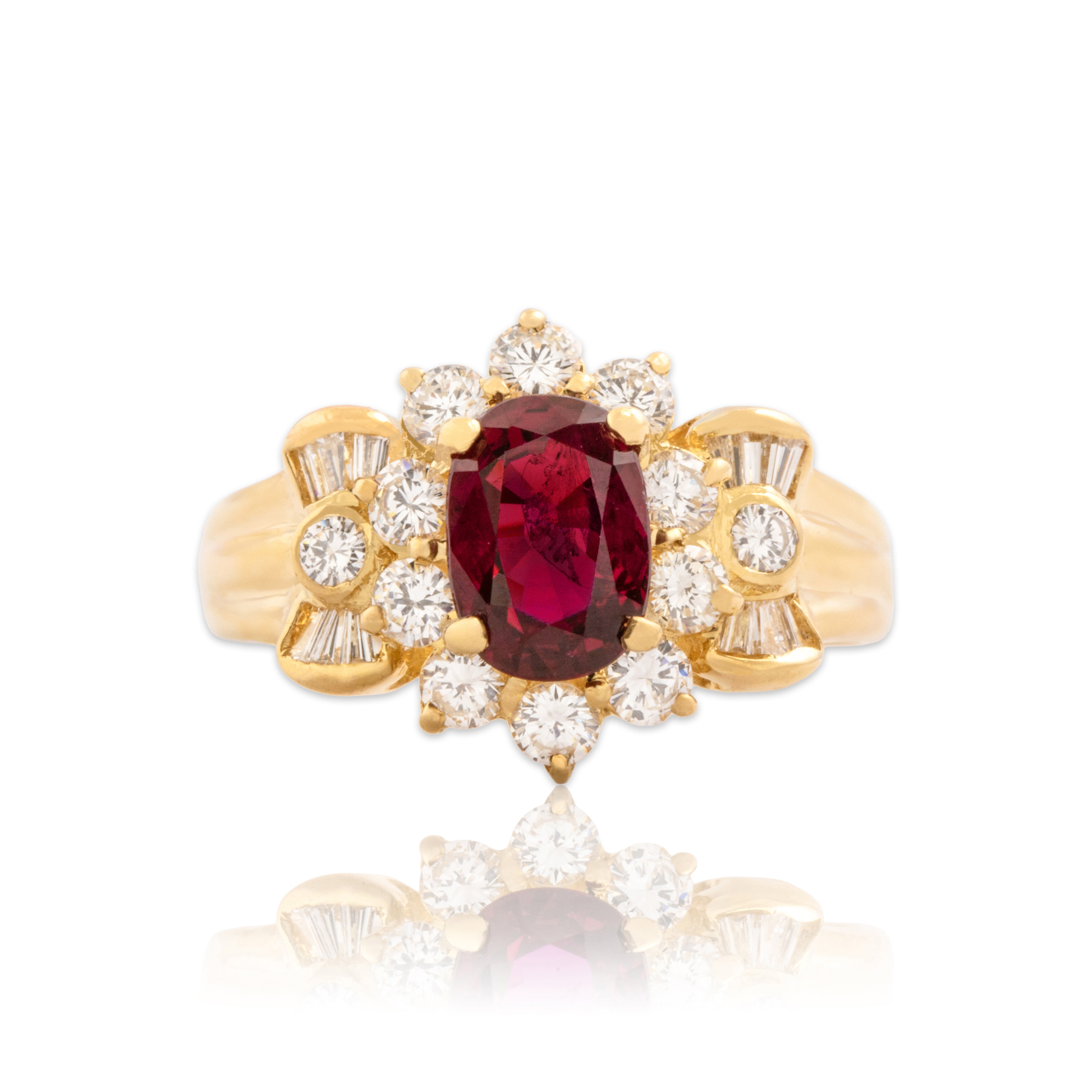 Vintage 18k Yellow Gold 1.18ct GIA Ruby .62cttw Diamond Bowtie Detail Ring 5.75