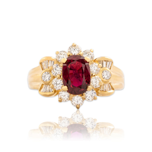 Vintage 18k Yellow Gold 1.18ct GIA Ruby .62cttw Diamond Bowtie Detail Ring 5.75