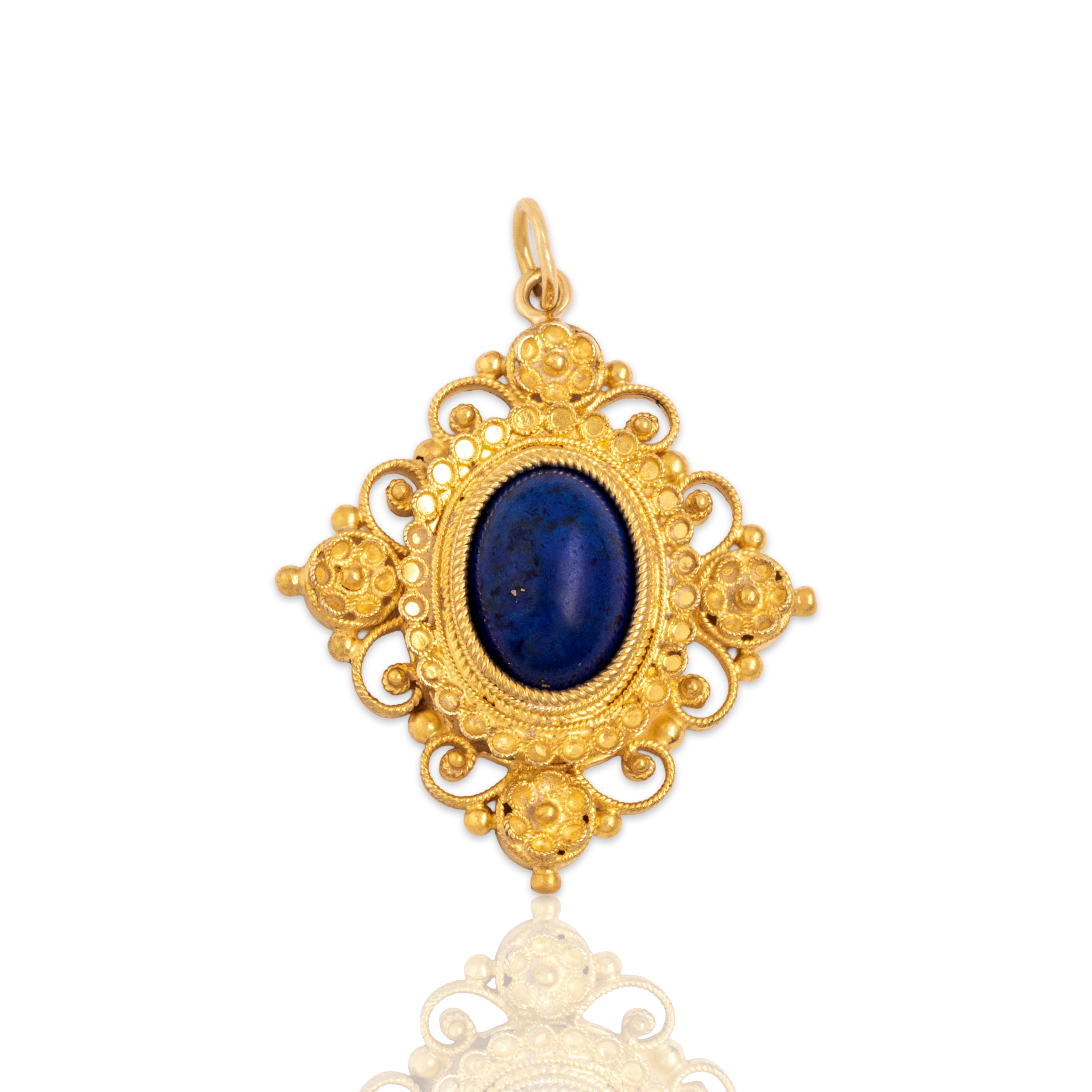 Antique 18k Yellow Gold 1.65ct Lapis Lazuli Ornate Etruscan Revival Filigree Pendant - Close-up view