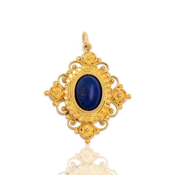 Antique 18k Yellow Gold 1.65ct Lapis Lazuli Ornate Etruscan Revival Pendant
