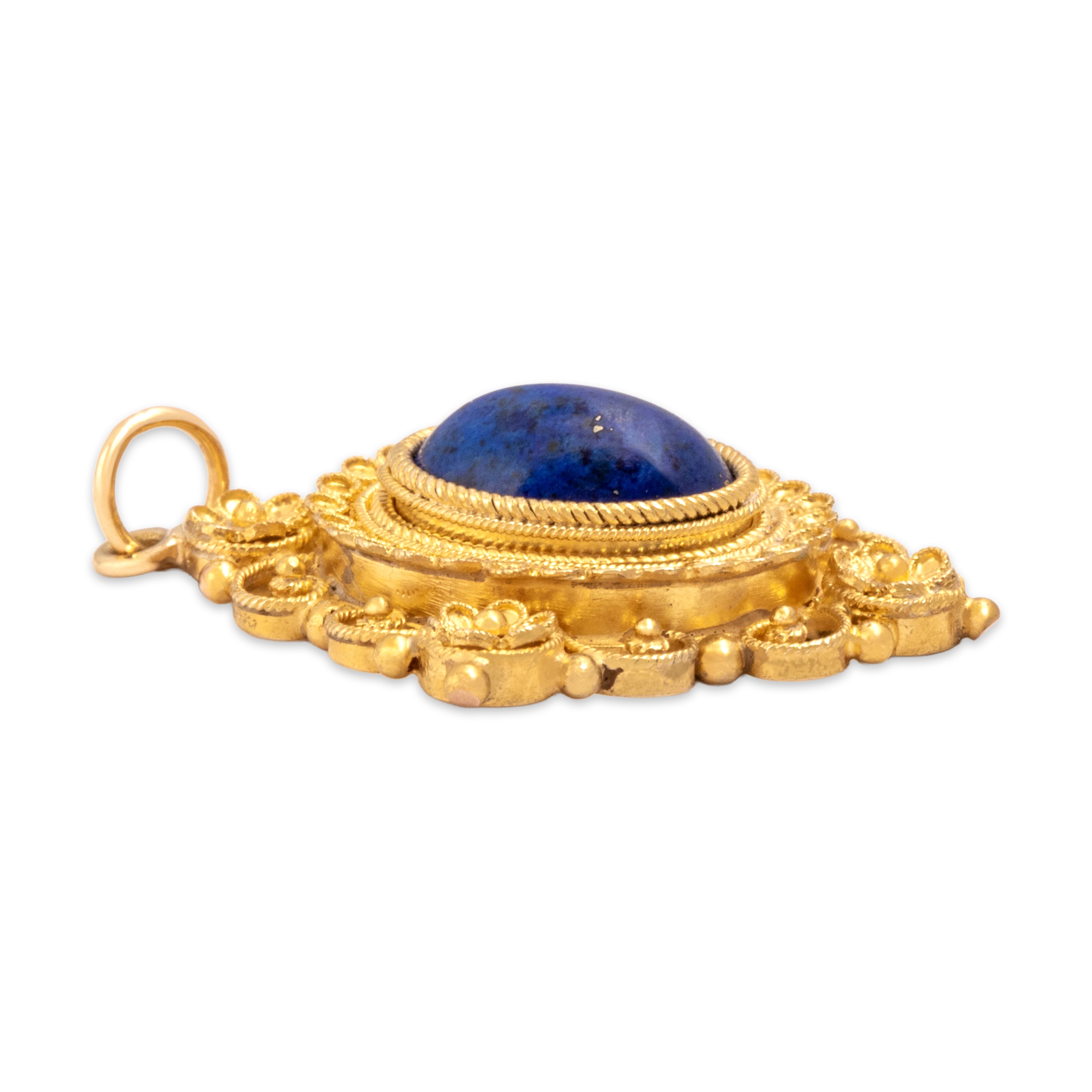 Antique 18k Yellow Gold 1.65ct Lapis Lazuli Ornate Etruscan Revival Filigree Pendant - Side view