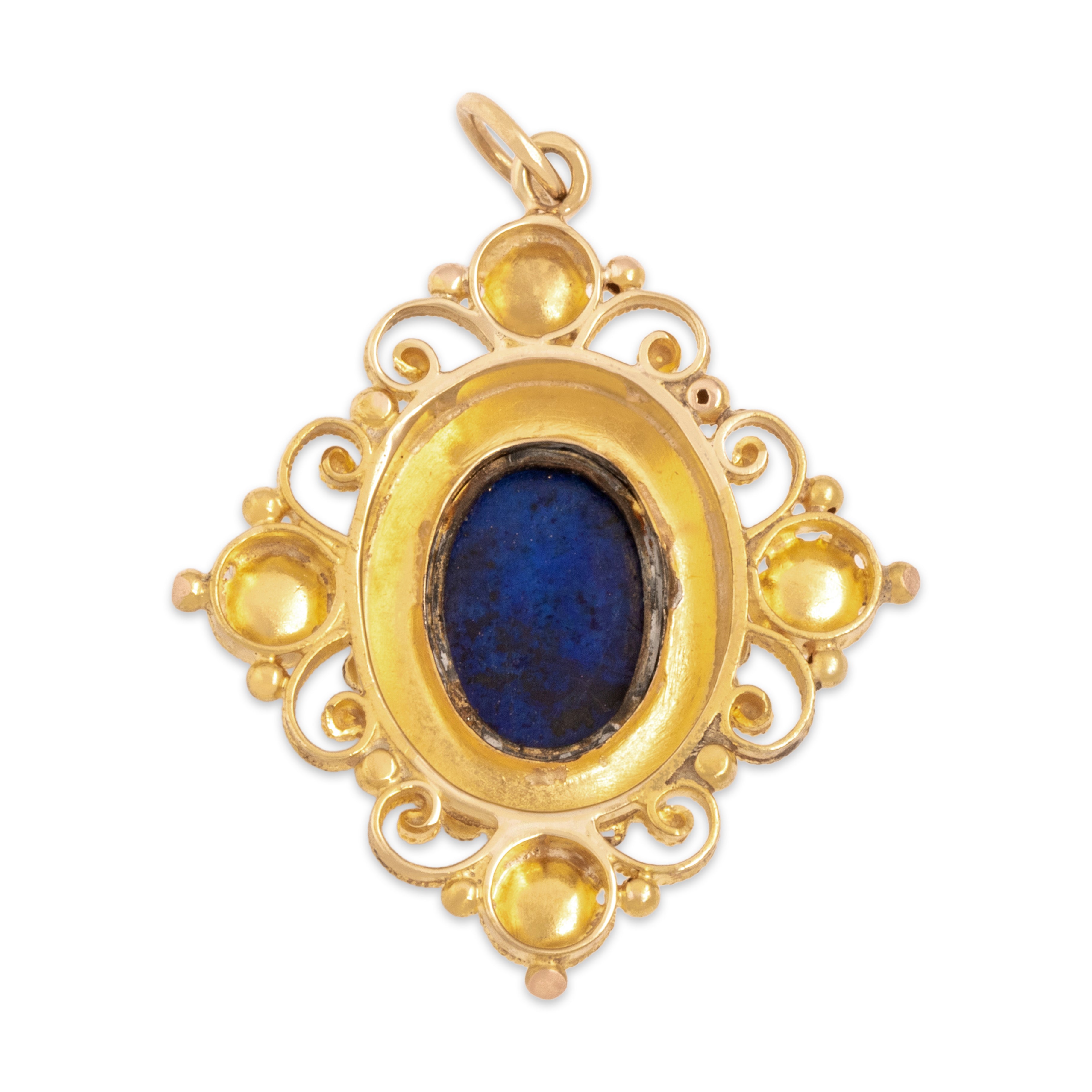 Antique 18k Yellow Gold 1.65ct Lapis Lazuli Ornate Etruscan Revival Pendant