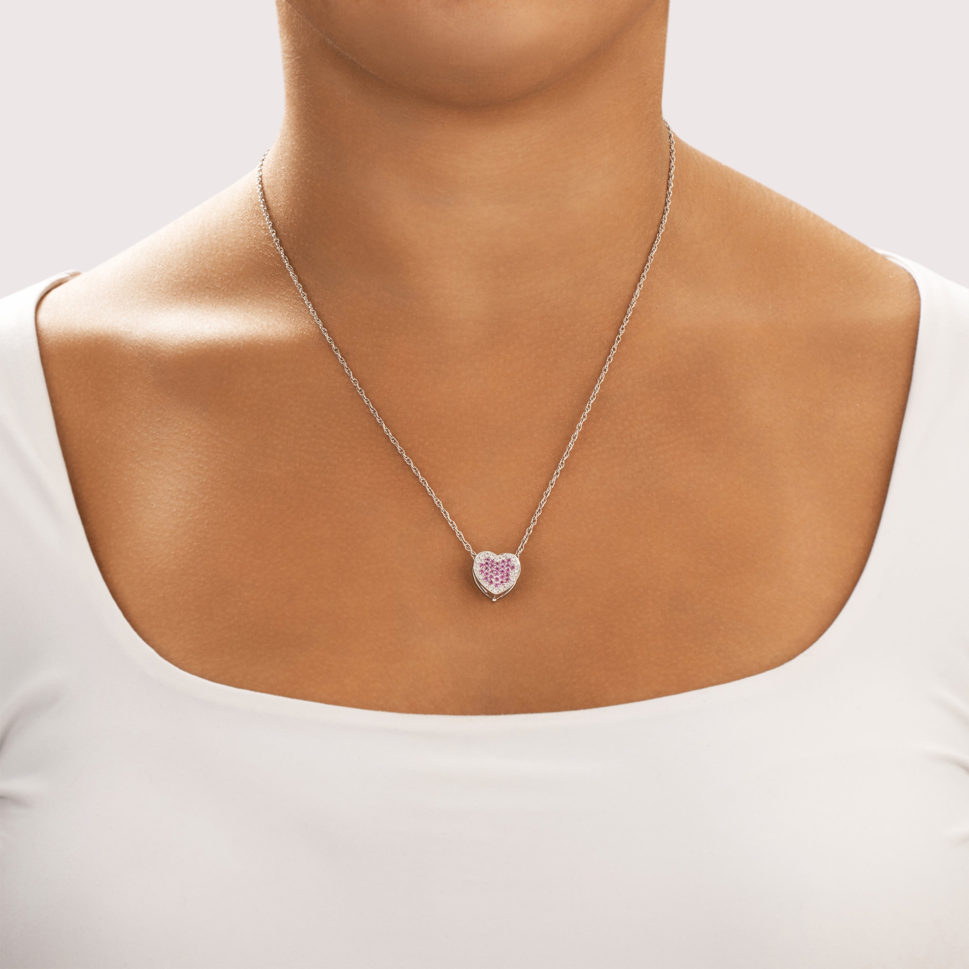 Vintage 18k White Gold Pink Sapphire Diamond Romantic Pavã© Heart Enhancer Pendant - On model view