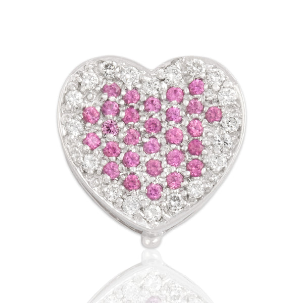 Vintage 18k White Gold Pink Sapphire Diamond Romantic Pavé Heart Enhancer Pendant