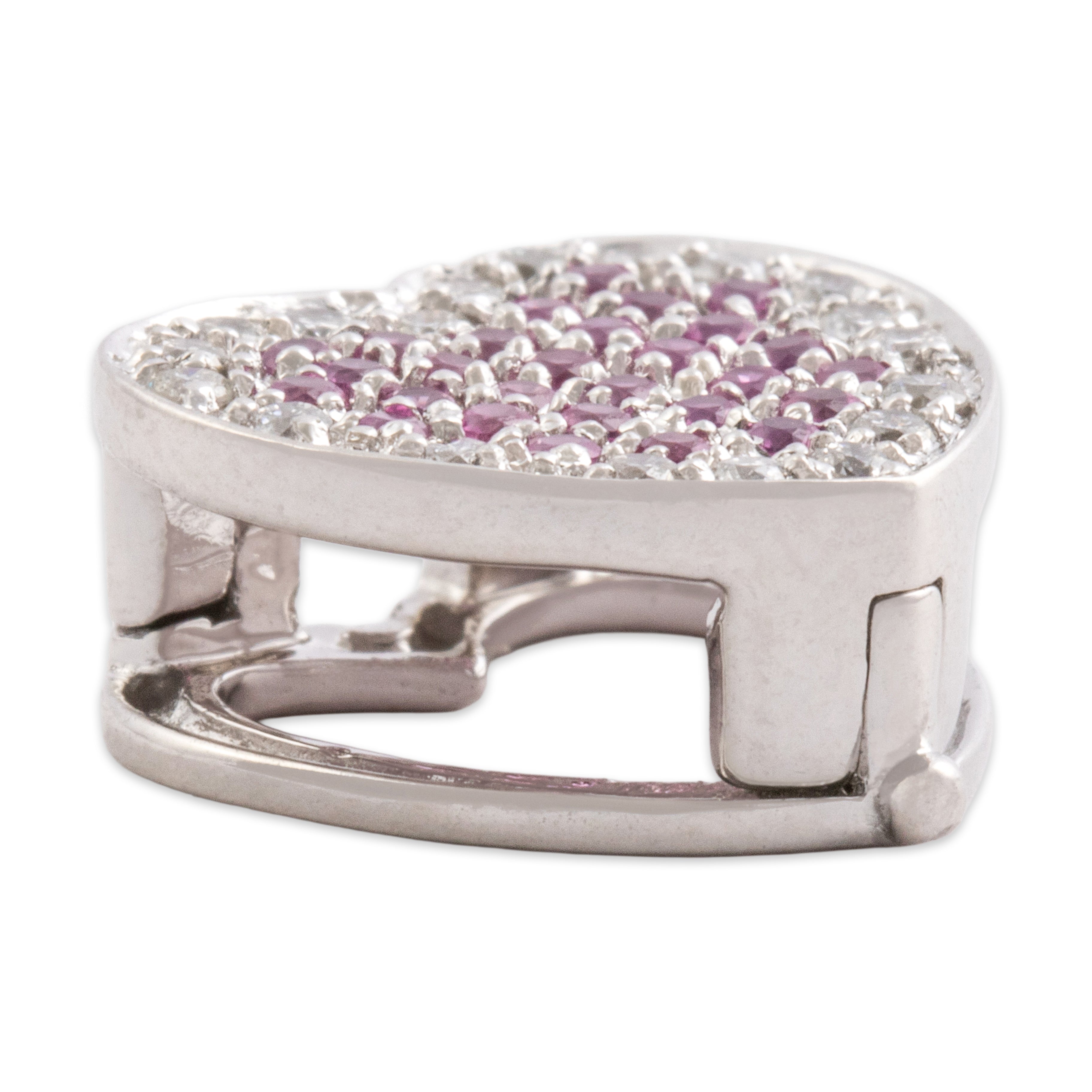 Vintage 18k White Gold Pink Sapphire Diamond Romantic Pavã© Heart Enhancer Pendant - Side view