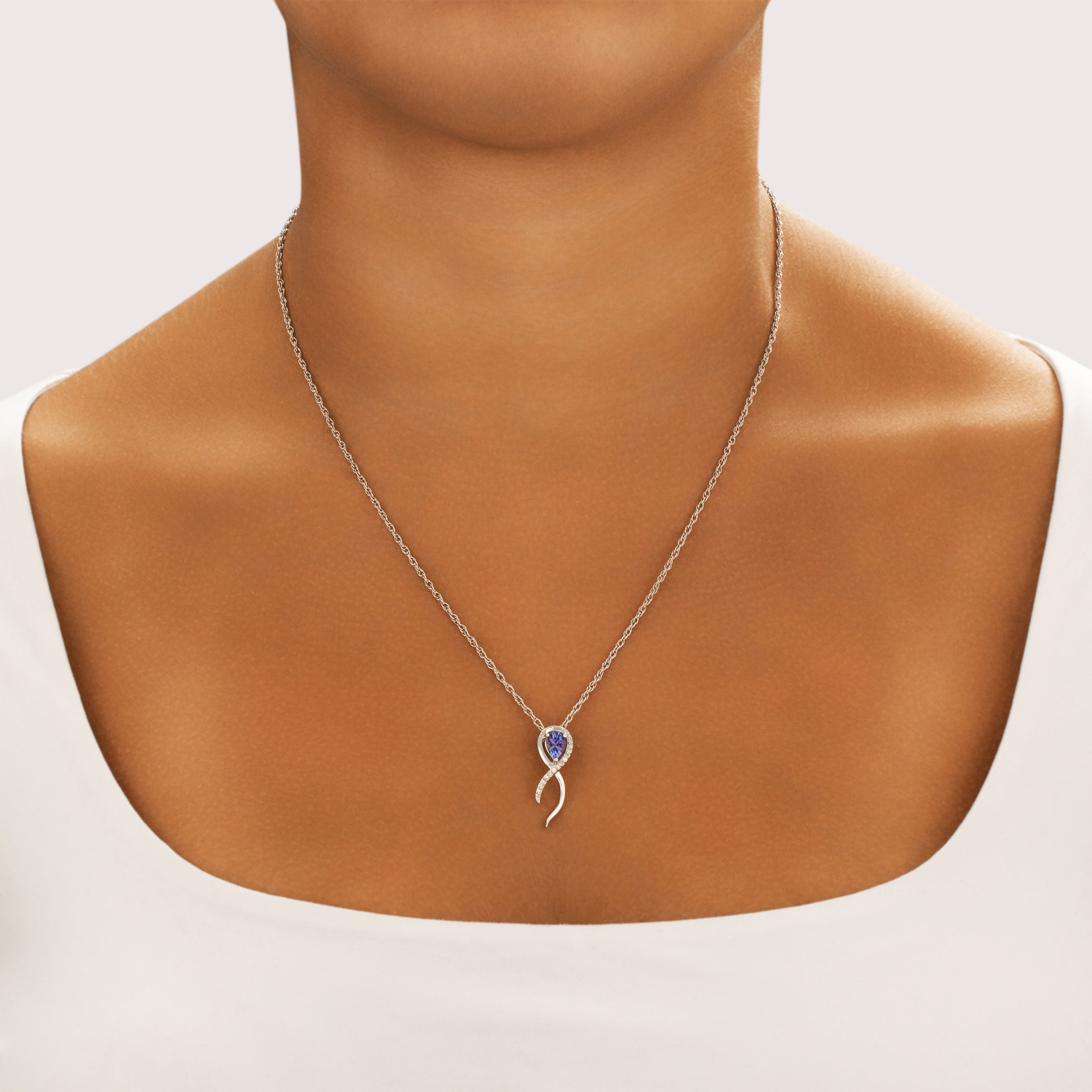 Vintage 18k White Gold .75ct Tanzanite Diamond Sparkling Tendril Slide Pendant - On model view