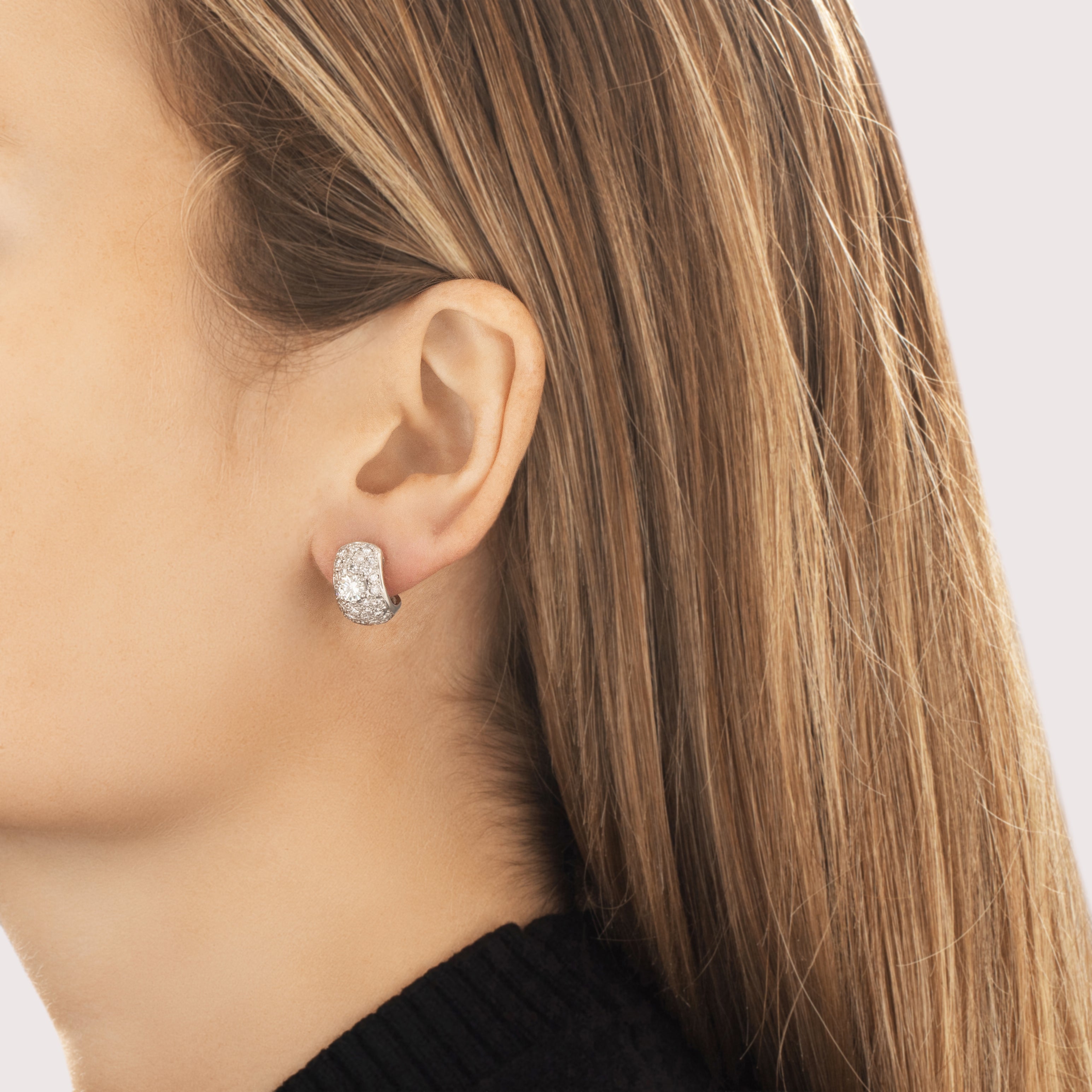 Vintage Platinum [Custom Carat] Brilliant Pavã© Huggie Stud Earrings - On model view