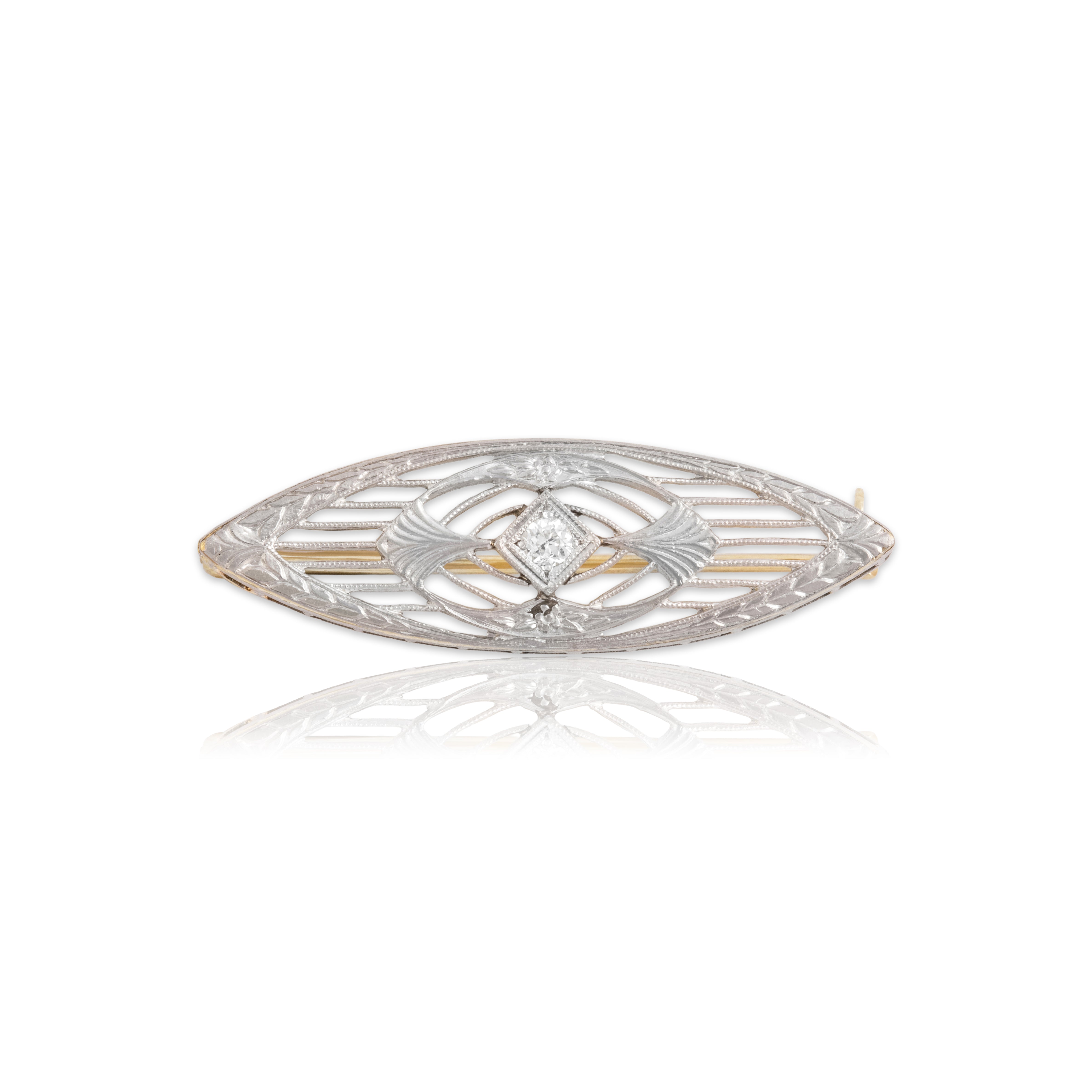 Antique Platinum & 14k Yellow Gold Diamond Rose-Adorned Openwork Brooch / Pin - Close-up view