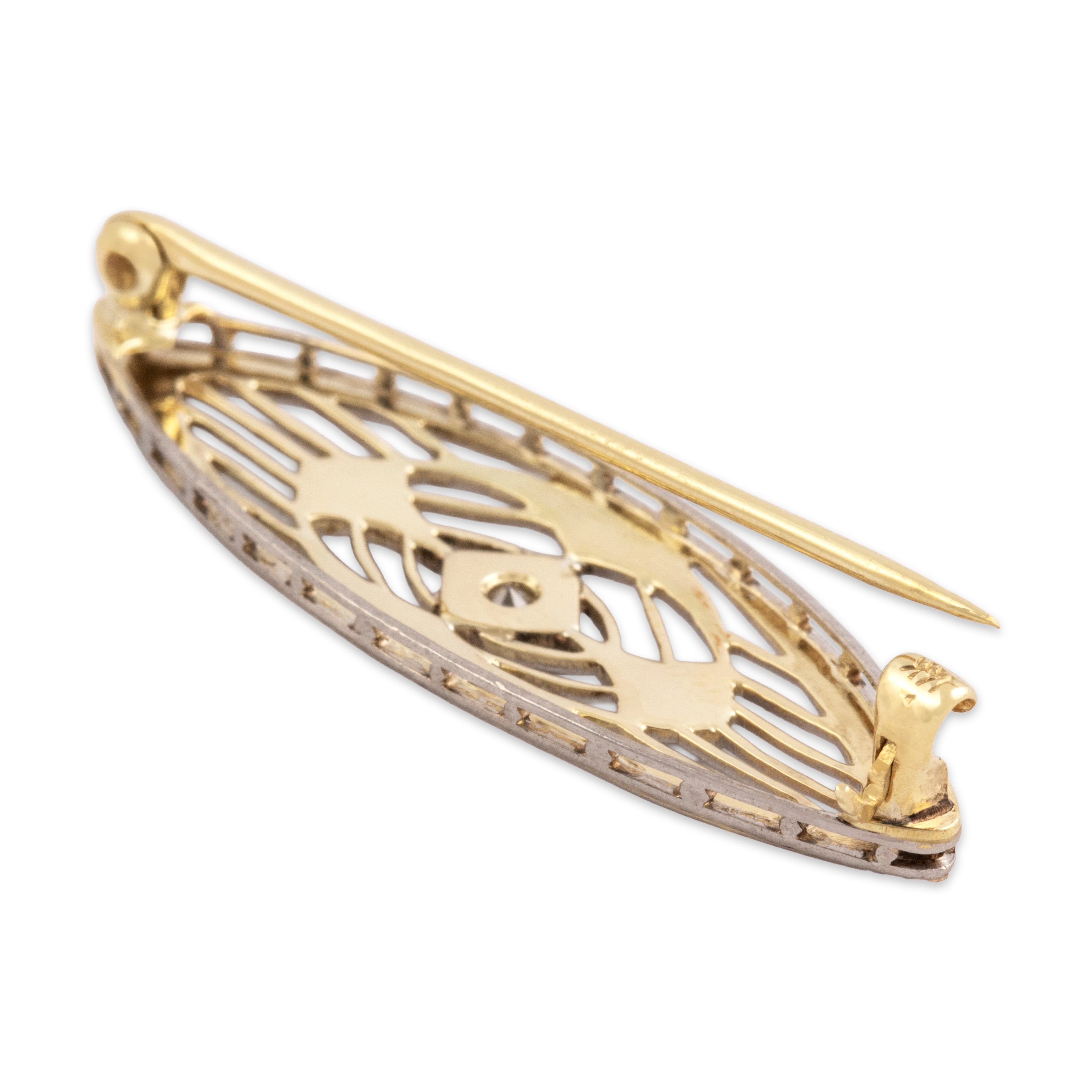 Antique Platinum & 14k Yellow Gold Diamond Rose-Adorned Openwork Brooch / Pin - Side view