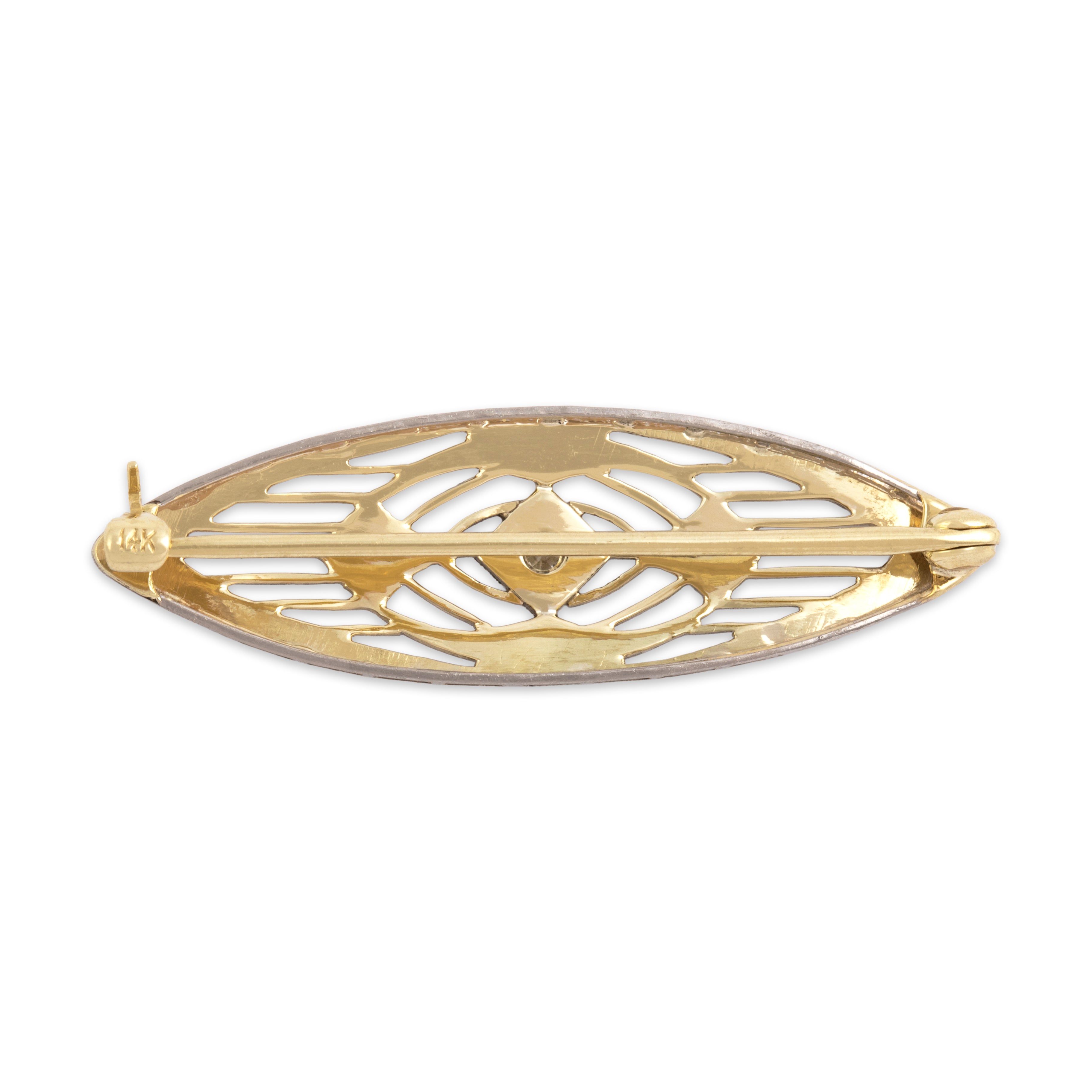 Antique Platinum & 14k Yellow Gold Diamond Rose-Adorned Openwork Brooch / Pin - Back view