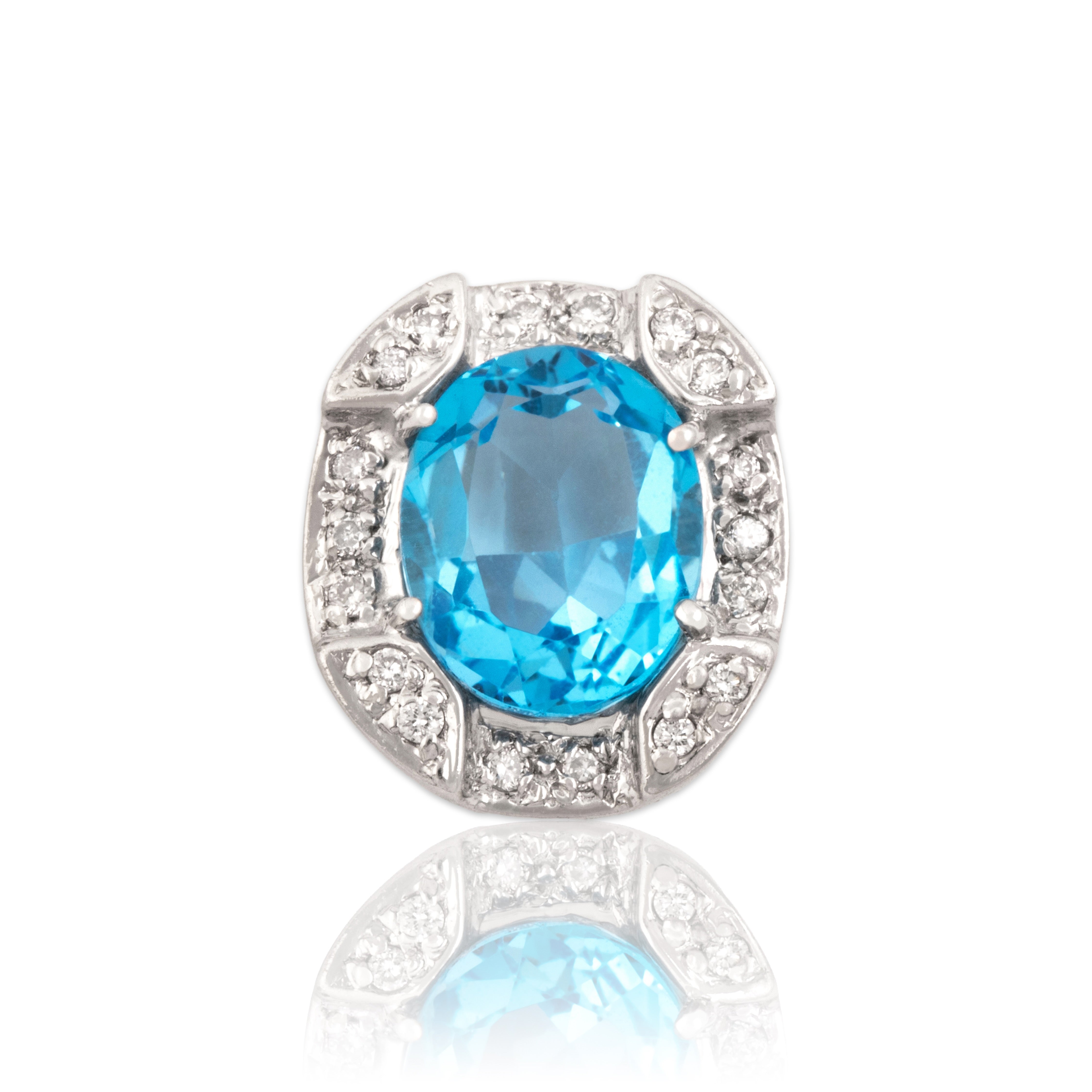 Vintage Platinum 2.95ct Blue Topaz Sparkling Framed Oval Slide Pendant