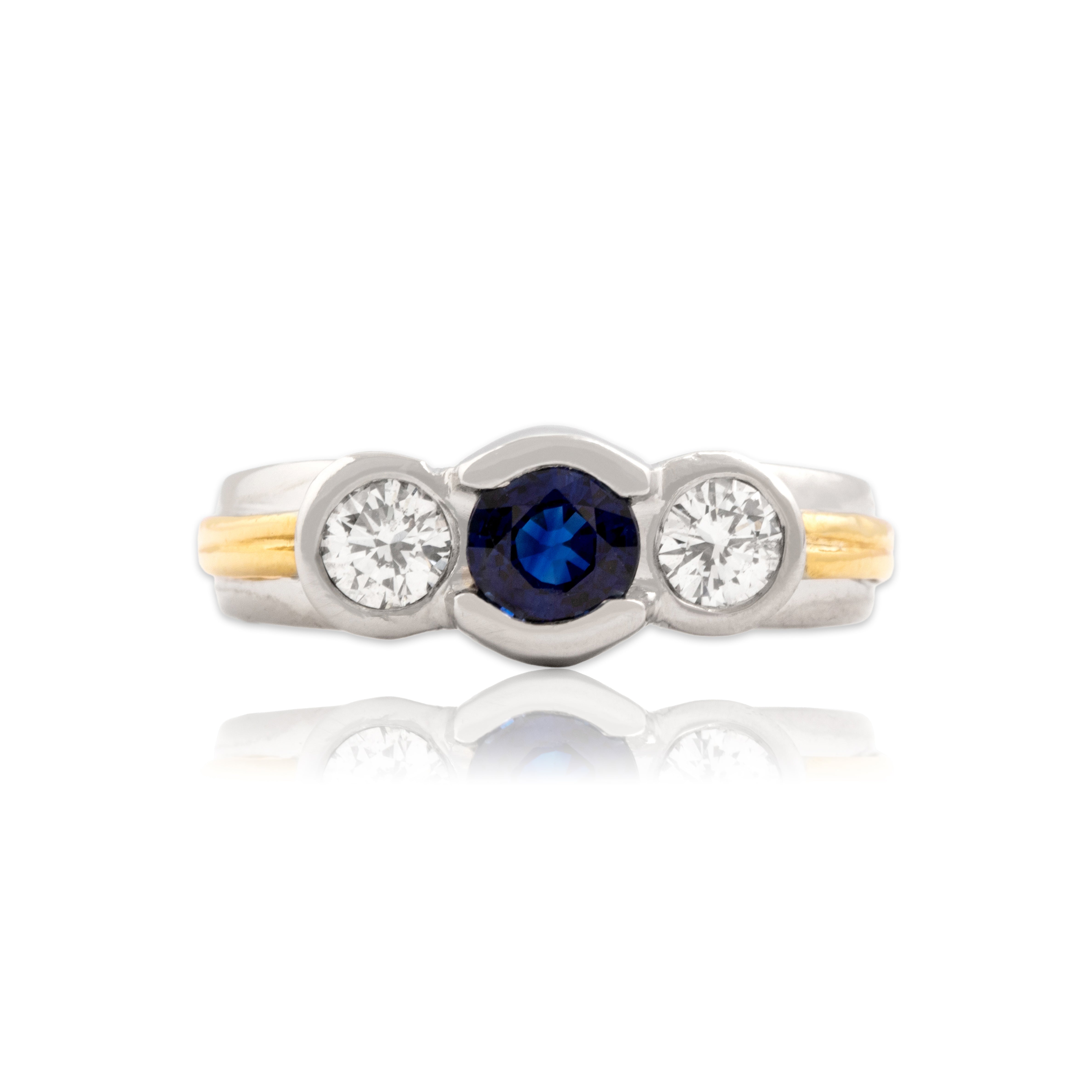 Vintage Heavy Platinum & 18k Yellow Gold .59ct Blue Sapphire Diamond Dazzling Bezel Trio Ring - Close-up view