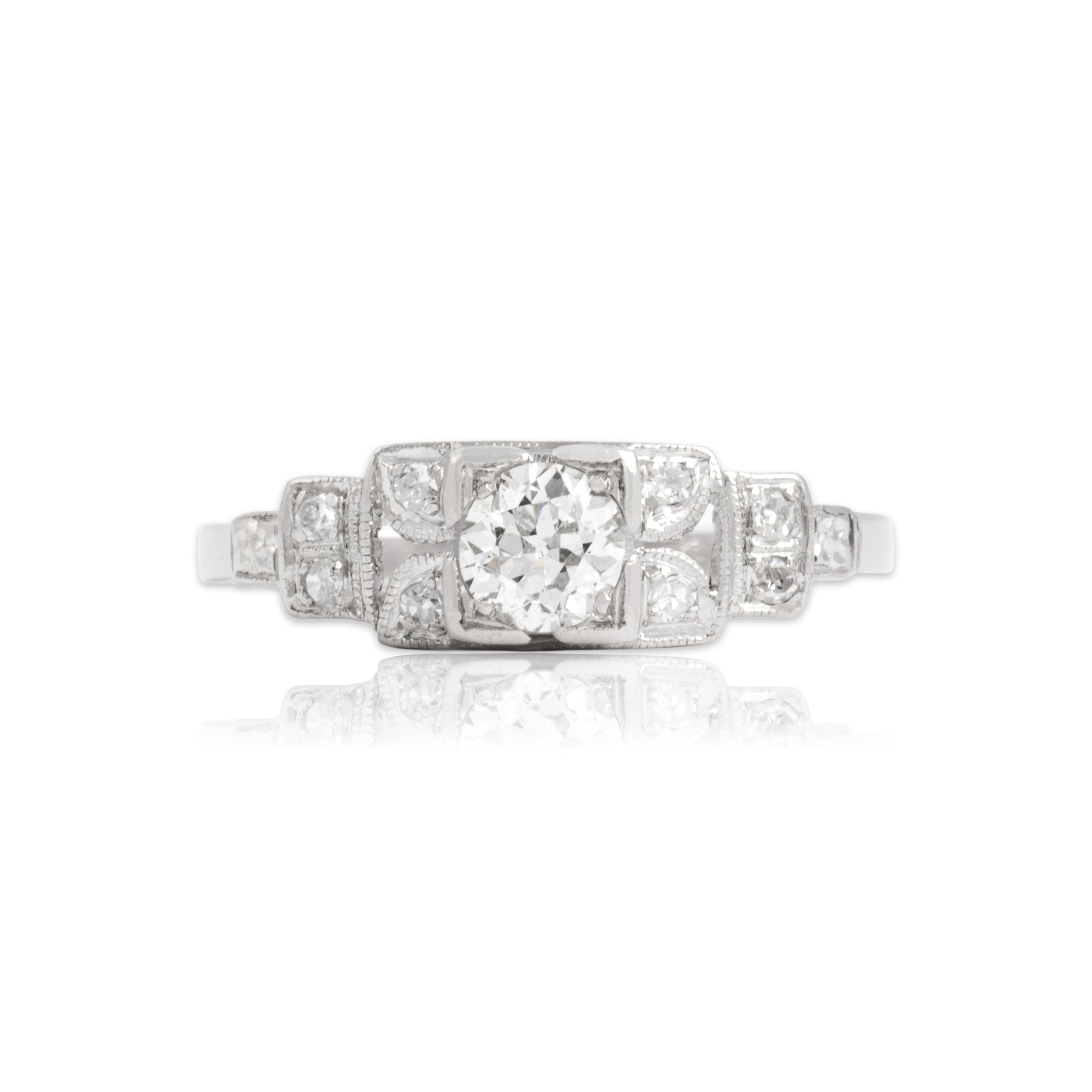 Antique Art Deco Platinum Old European Cut Diamond Blossom Detail Square-Set Ring - Close-up view
