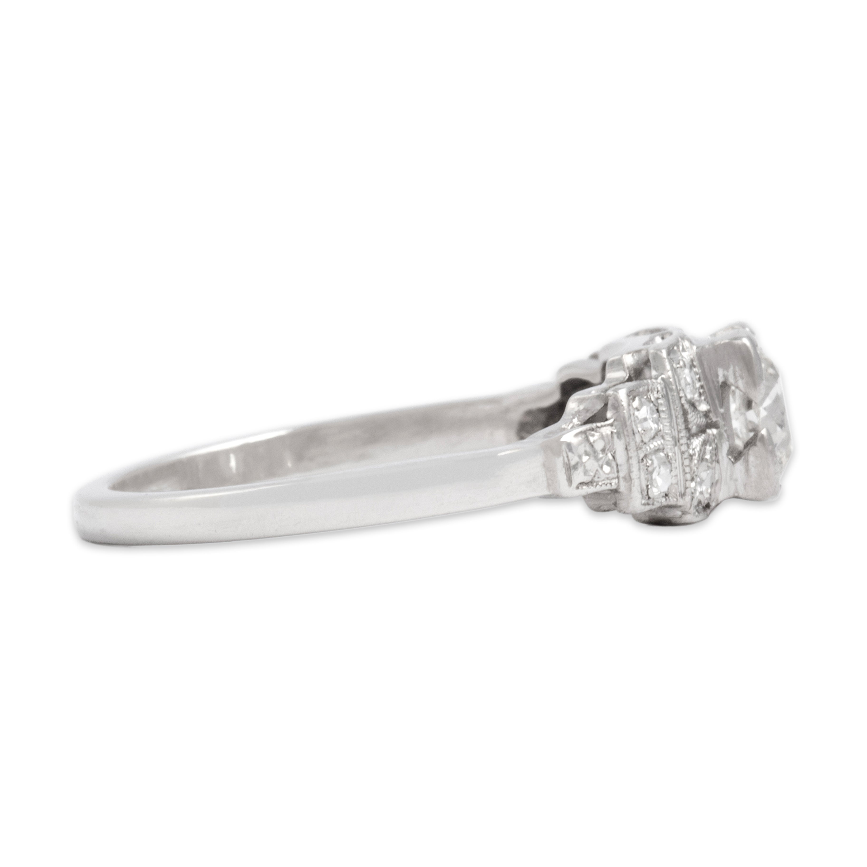 Antique Art Deco Platinum Old European Cut Diamond Blossom Detail Square-Set Ring - Side view