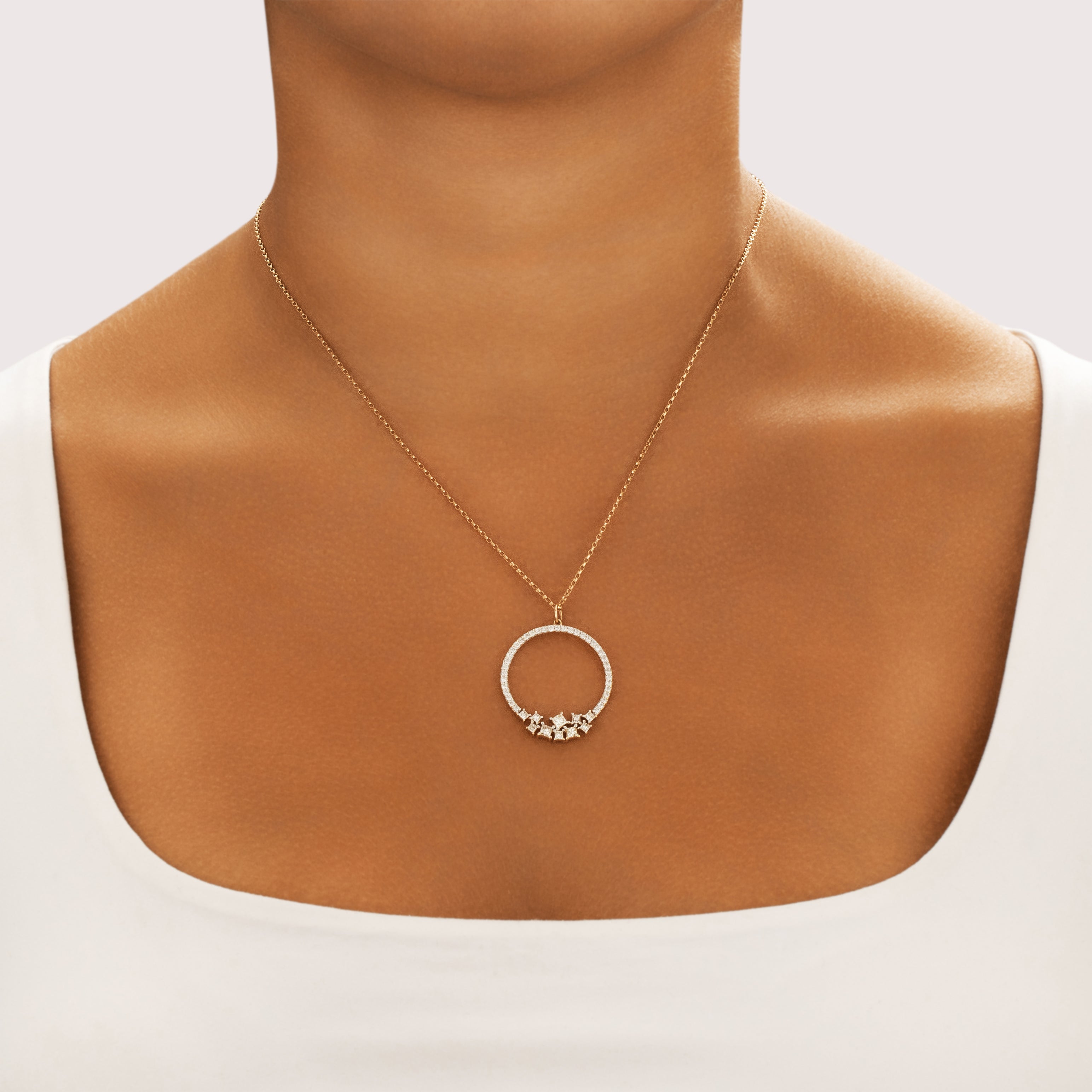 Vintage 14k Yellow & White Gold .75cttw Diamond Sparkling Constellation Open Circle Pendant - On model view