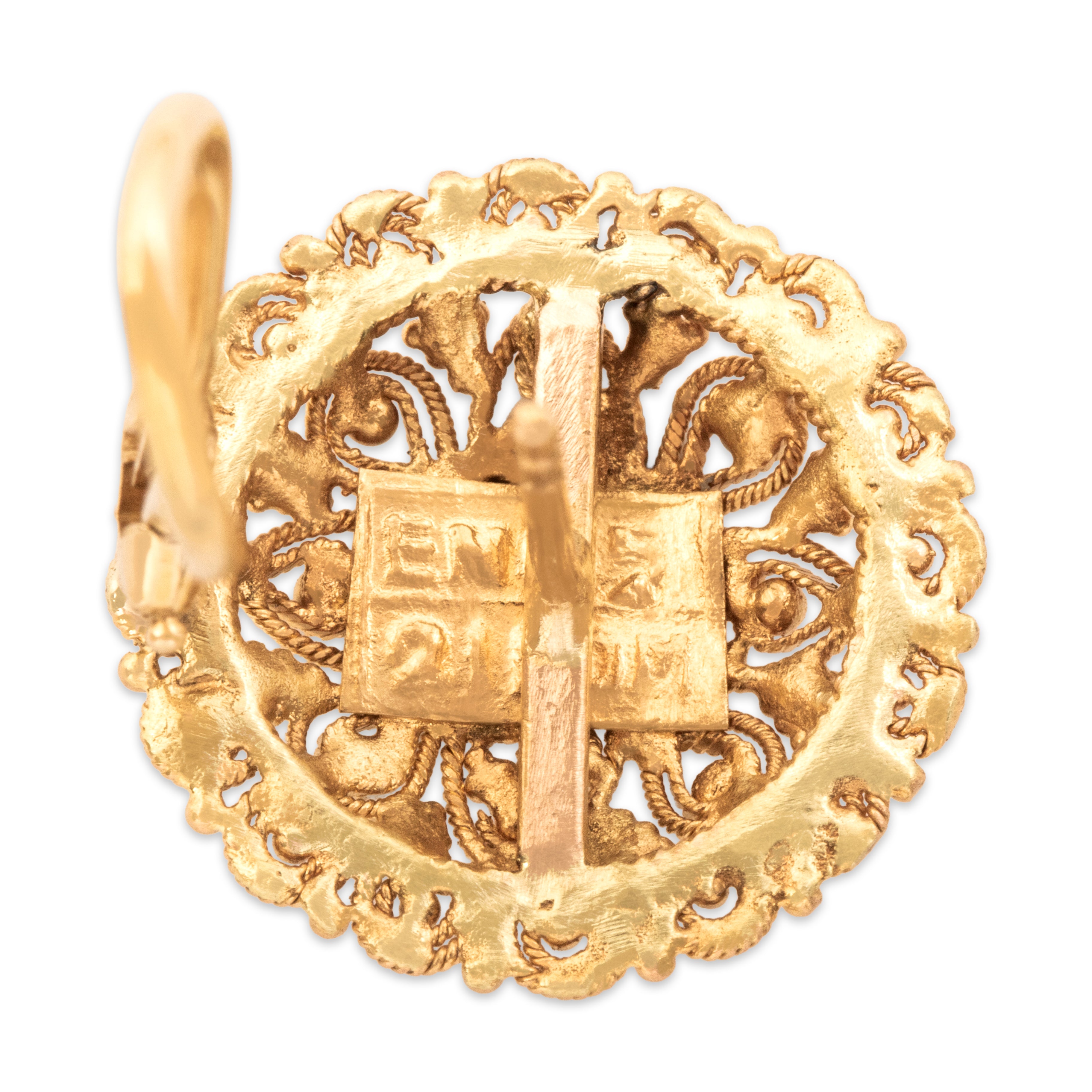 Vintage 18k Yellow Gold Incredible Ornate Rope Pattern Disc Omega-Back Earrings - Hallmark view