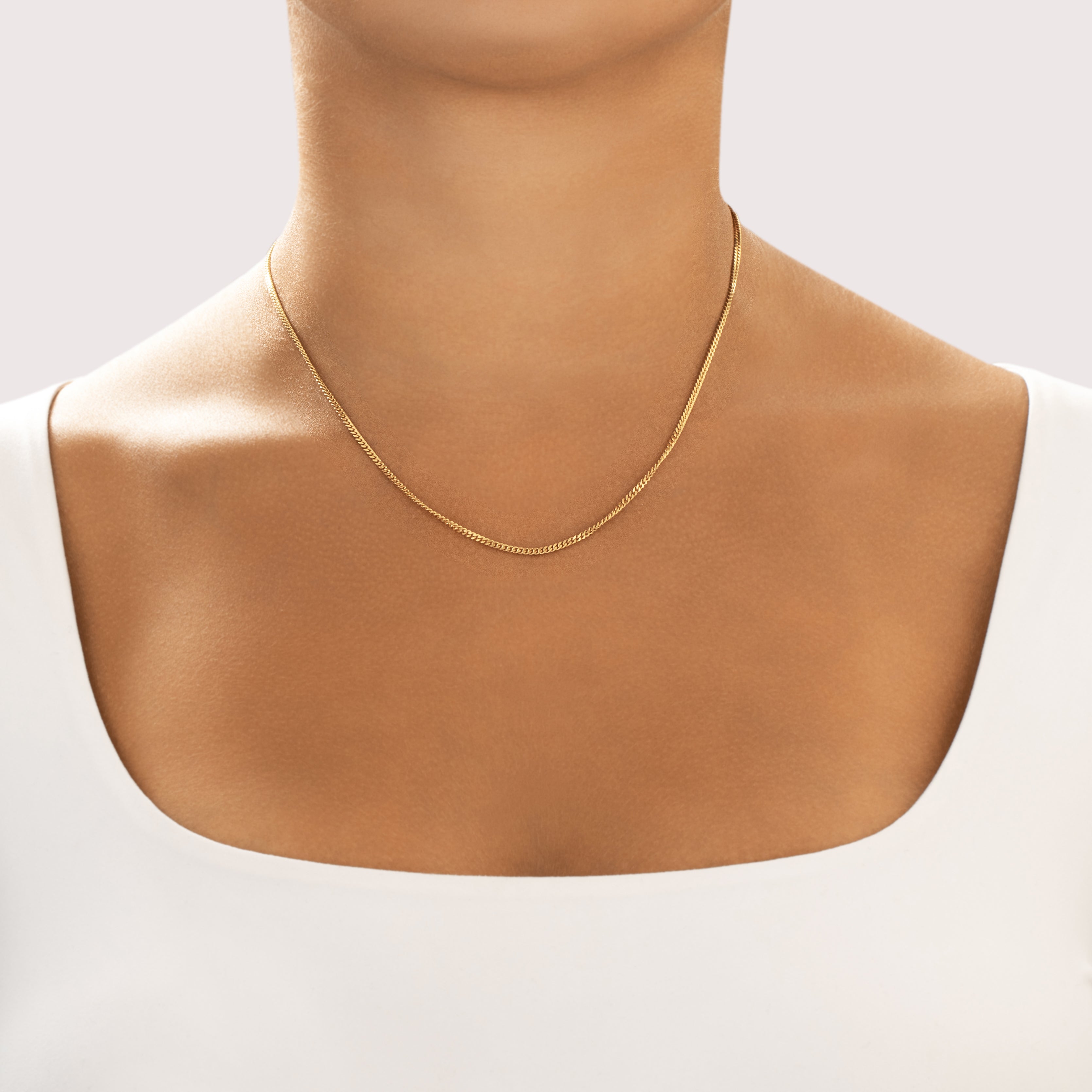 Vintage 18k & 14k Yellow Gold 1.9mm Classic Flat Curb Chain - On model view