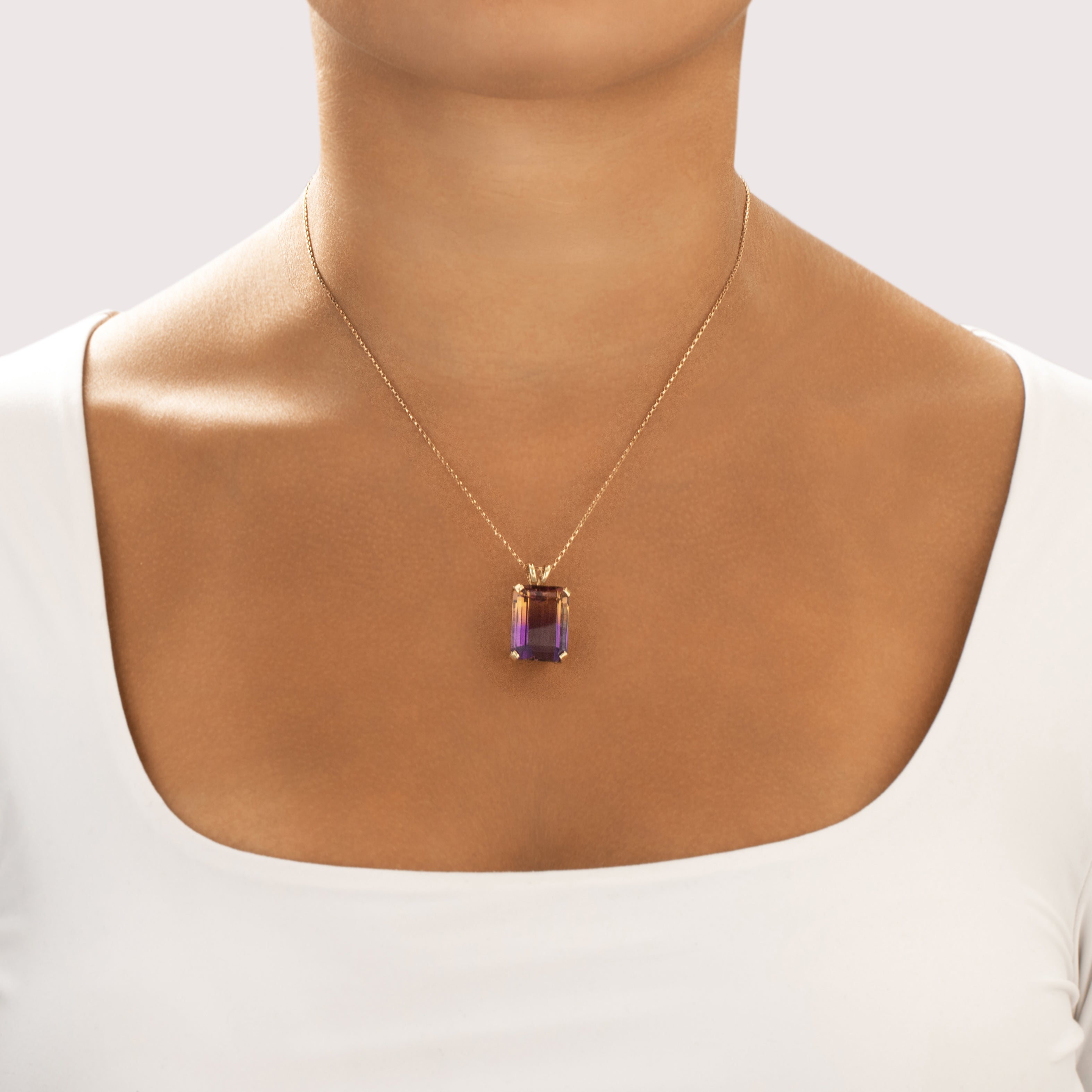 Vintage 14k Yellow Gold 20.41ct Ametrine Oversized Striking Step-Cut Pendant - On model view