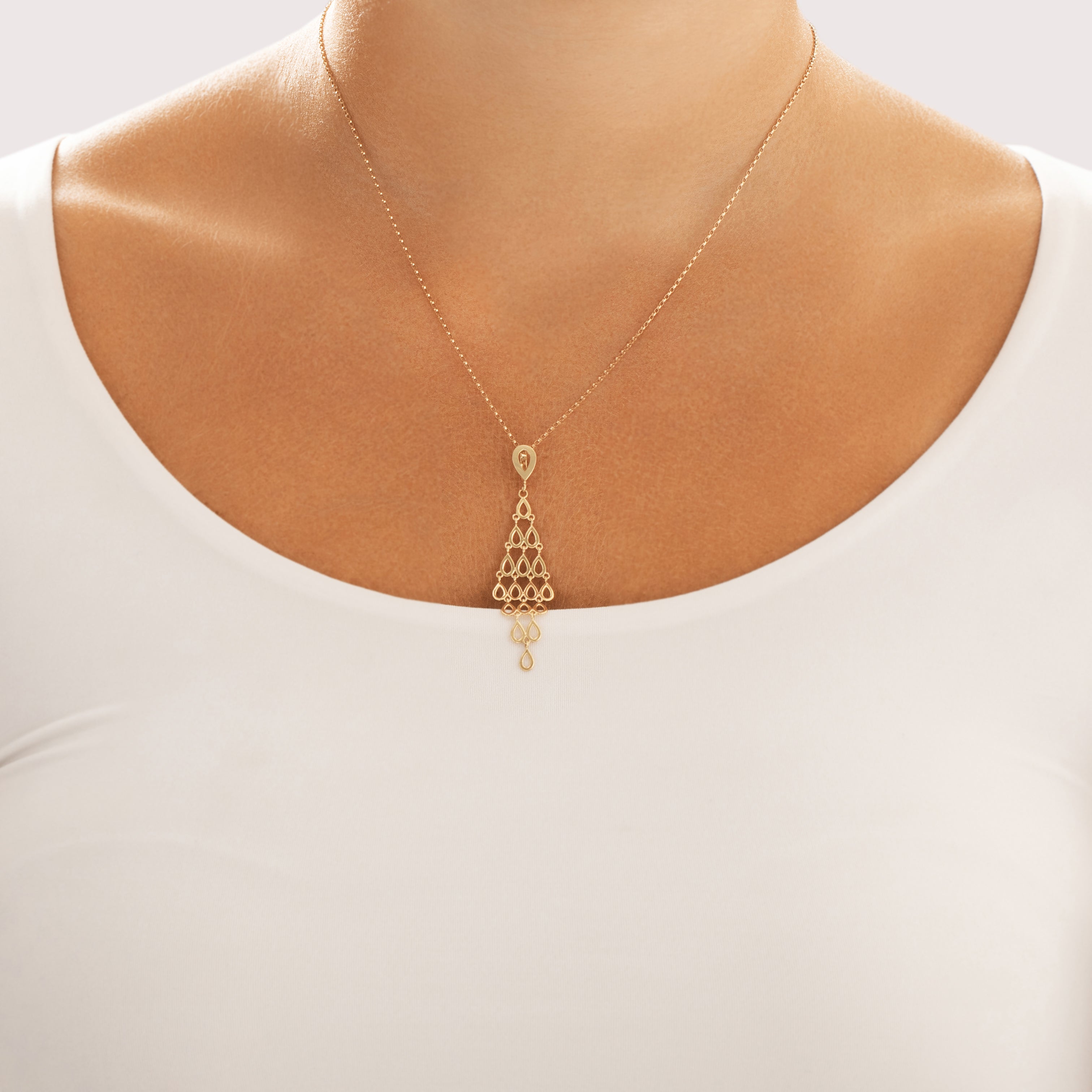 Vintage 14k Yellow Gold Open Teardrop Fringe Dangle Pendant - On model view